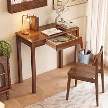 Wood Desk with Drawers - Solid Wood Mid Century Modern Desks for Bedroom, Small Computer Desk for Laptop, Study, Makeup, 31.5 W x 29.5 H x 15.7 D in, Walnut Color