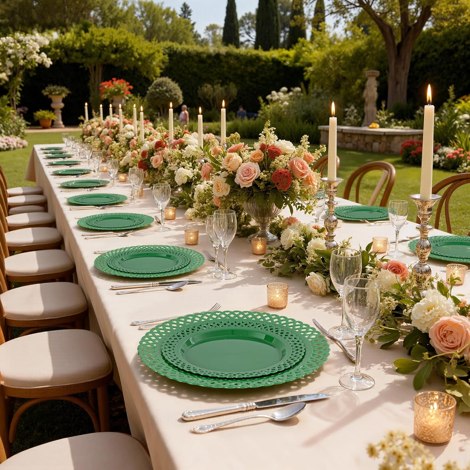 COLOSUS 60Pcs Green Plastic Plates, Fancy Green Scallop Plates, Heavy Duty Lace Hollowed Out Plate include 30 Dinner plate 10” and 30 Salad/Dessert plate 7.5”for Party