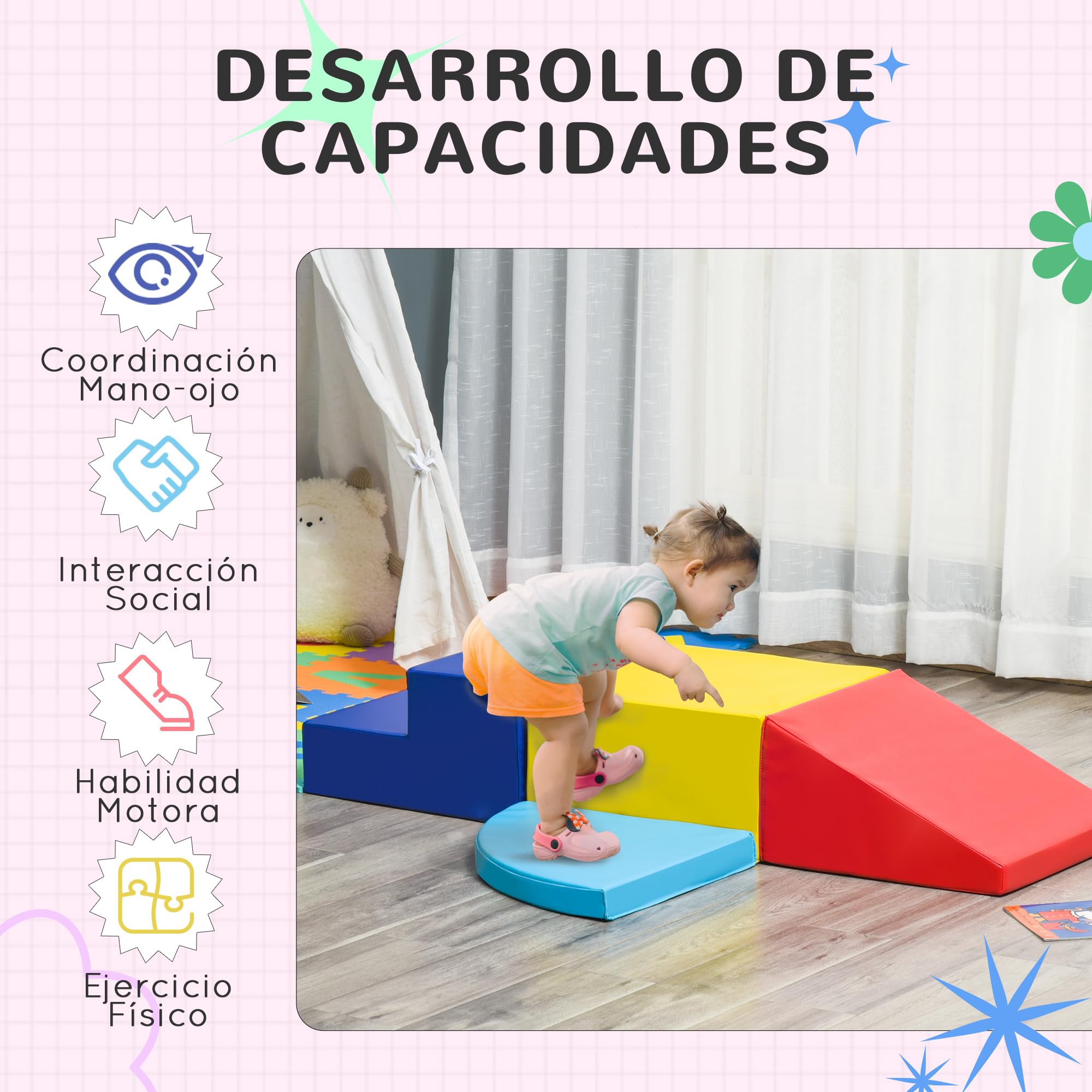 HOMCOM Juego de 4 Bloques de Psicomotricidad Infantil Bloques de Construcción Juguete para Aprendizaje para Escalar y Arrastrarse Multicolor