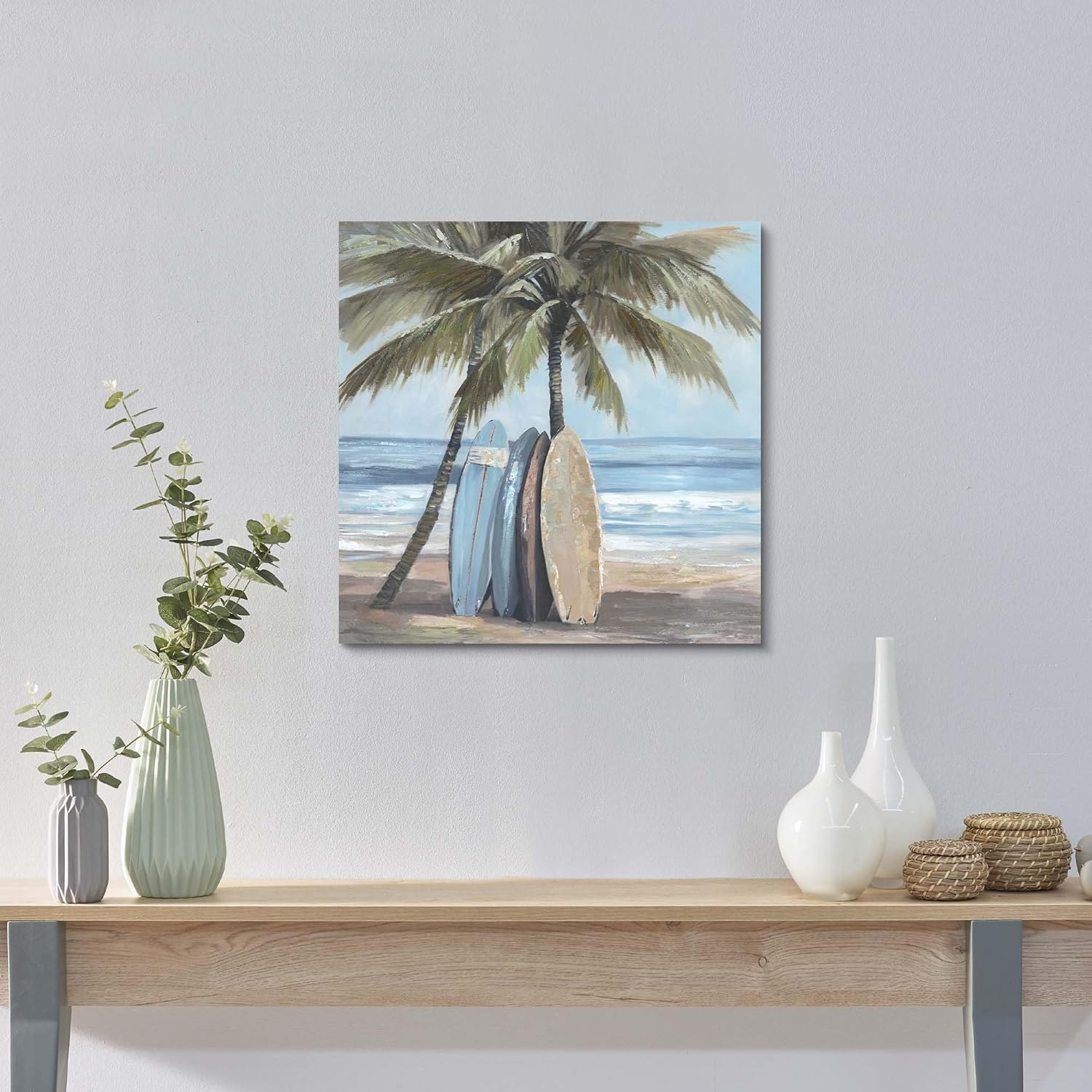 Beach Wall Art Canvas Bathroom: Coastal Surfboard Picture Ocean Sea Print Decor Palm Tree Tropical Artwork Seascape Seaside Painting for Living Room Bedroom 16 x 16 Inch
