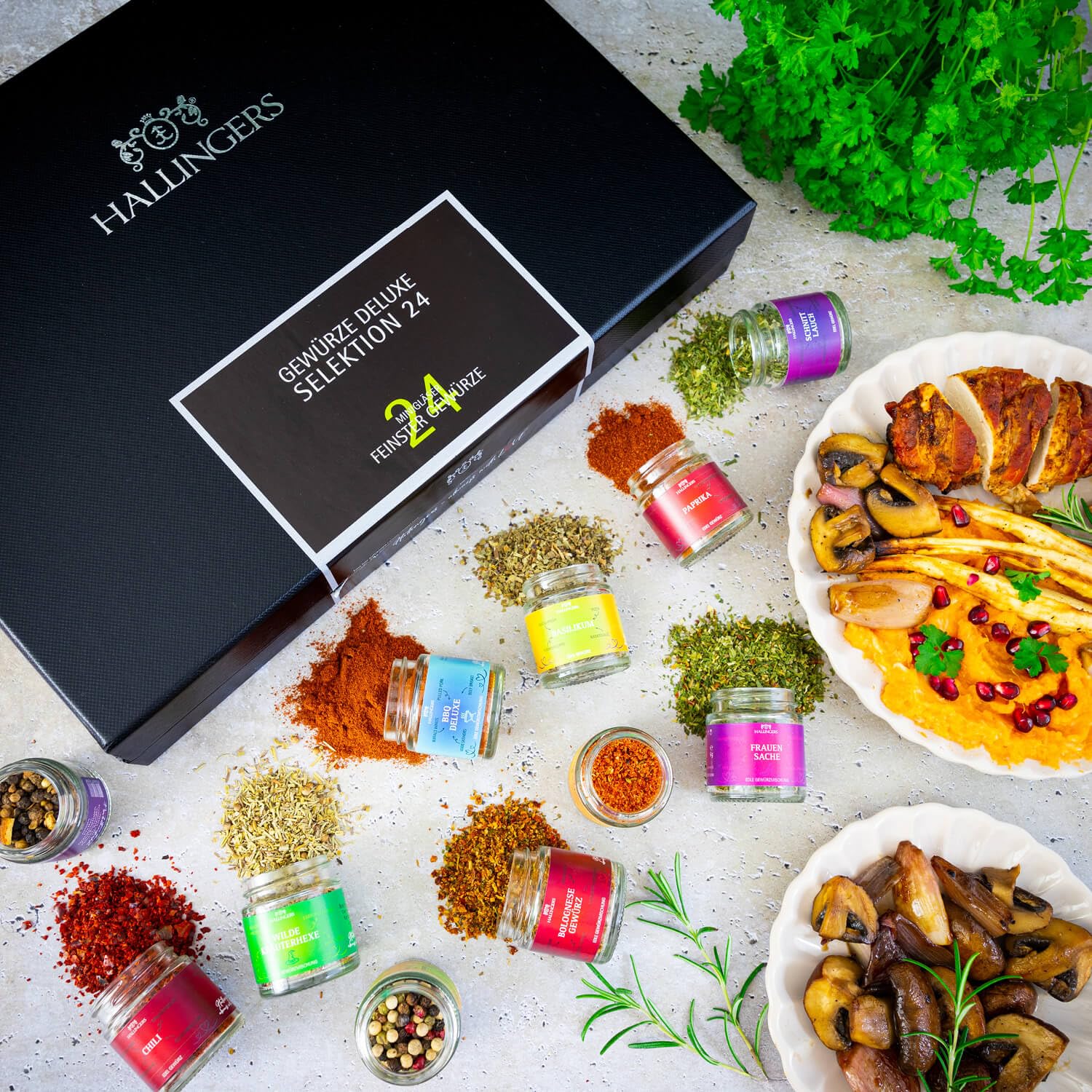Hallingers Genuss Manufaktur Gewürz Geschenk-Set - 24 Gewürze aus aller Welt in wertiger Geschenkbox mit Rezept-Booklet "Deluxe Selektio...", Geschenkidee für Frauen Männer