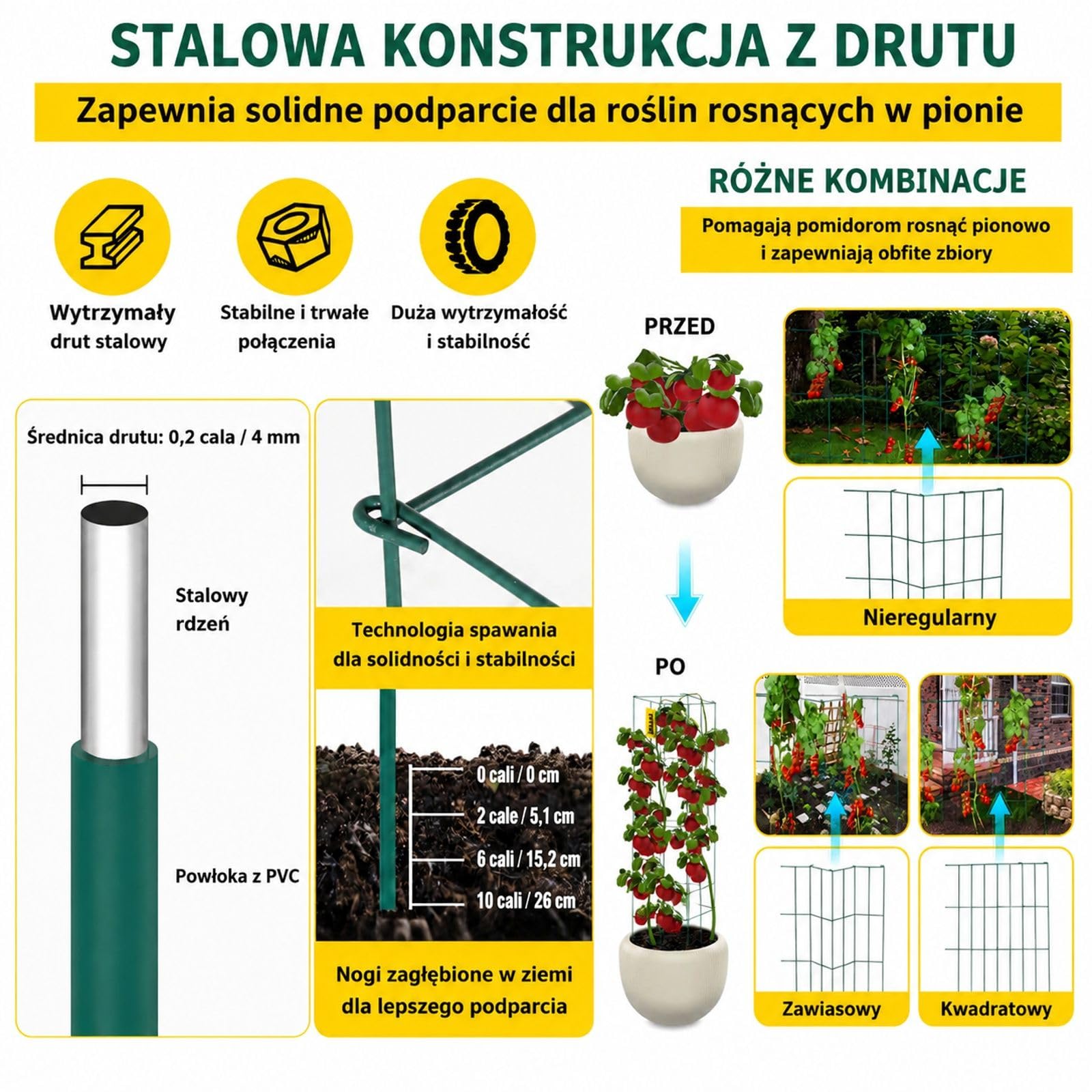 6 sztuk stalowych klatek do pomidorów, kwadratowe zielone podpory do roślin ogrodowych