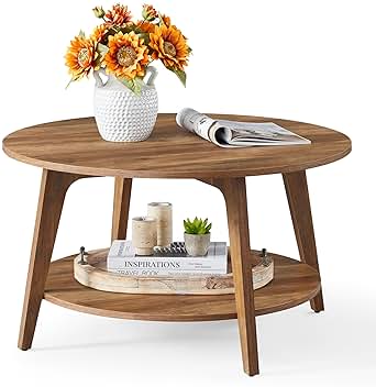 VASAGLE Round Coffee Table, 2 Tier Coffee Table with Storage, for Living Room, 31.5 x 17.7 Inches, Easy to Assemble, Honey Brown ULCT243K41