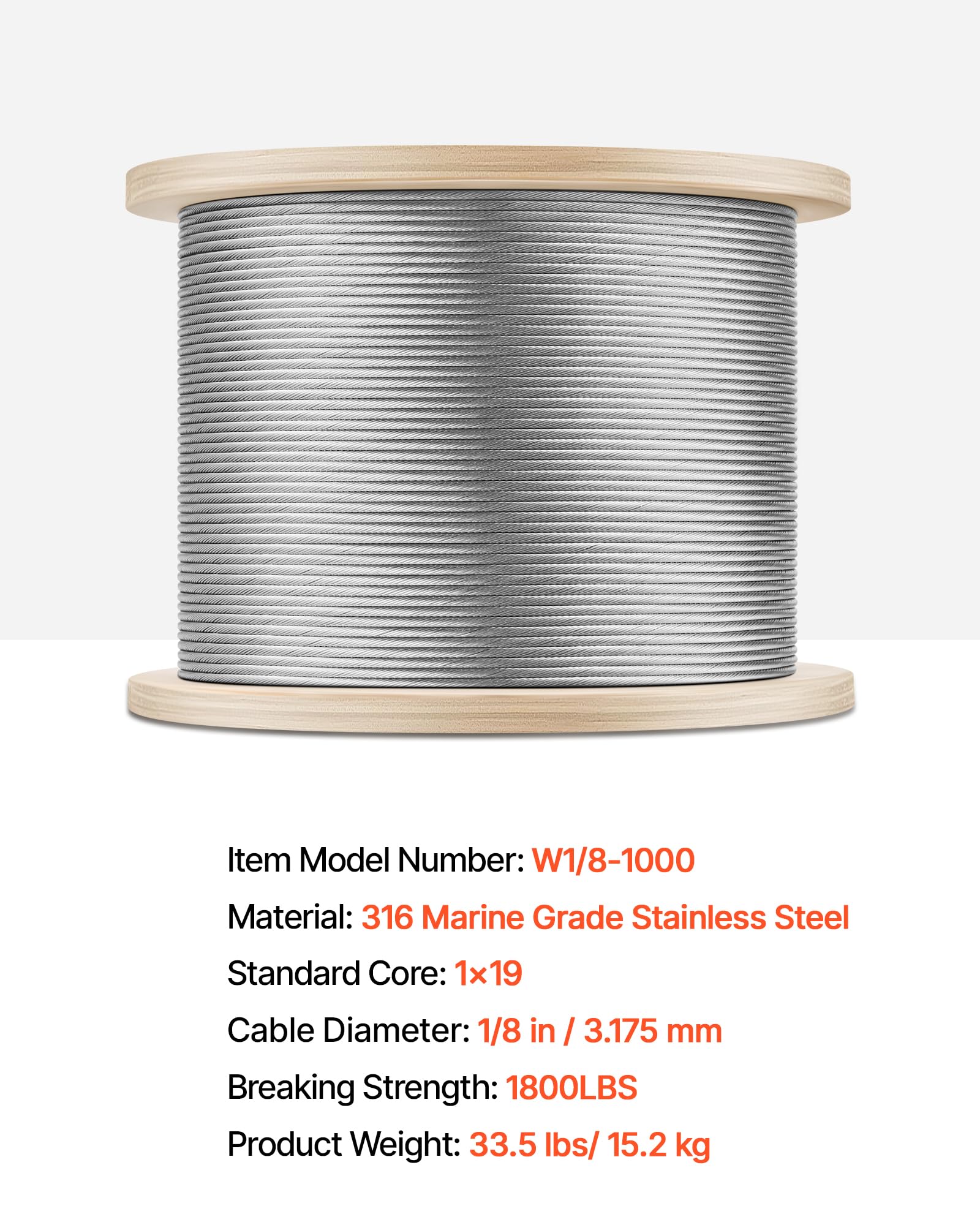 Cable metálico, cable de acero T316, cuerdas de remolque de acero inoxidable 316 con gancho 2T para camión de remolque plano (300 m 1 x 19)