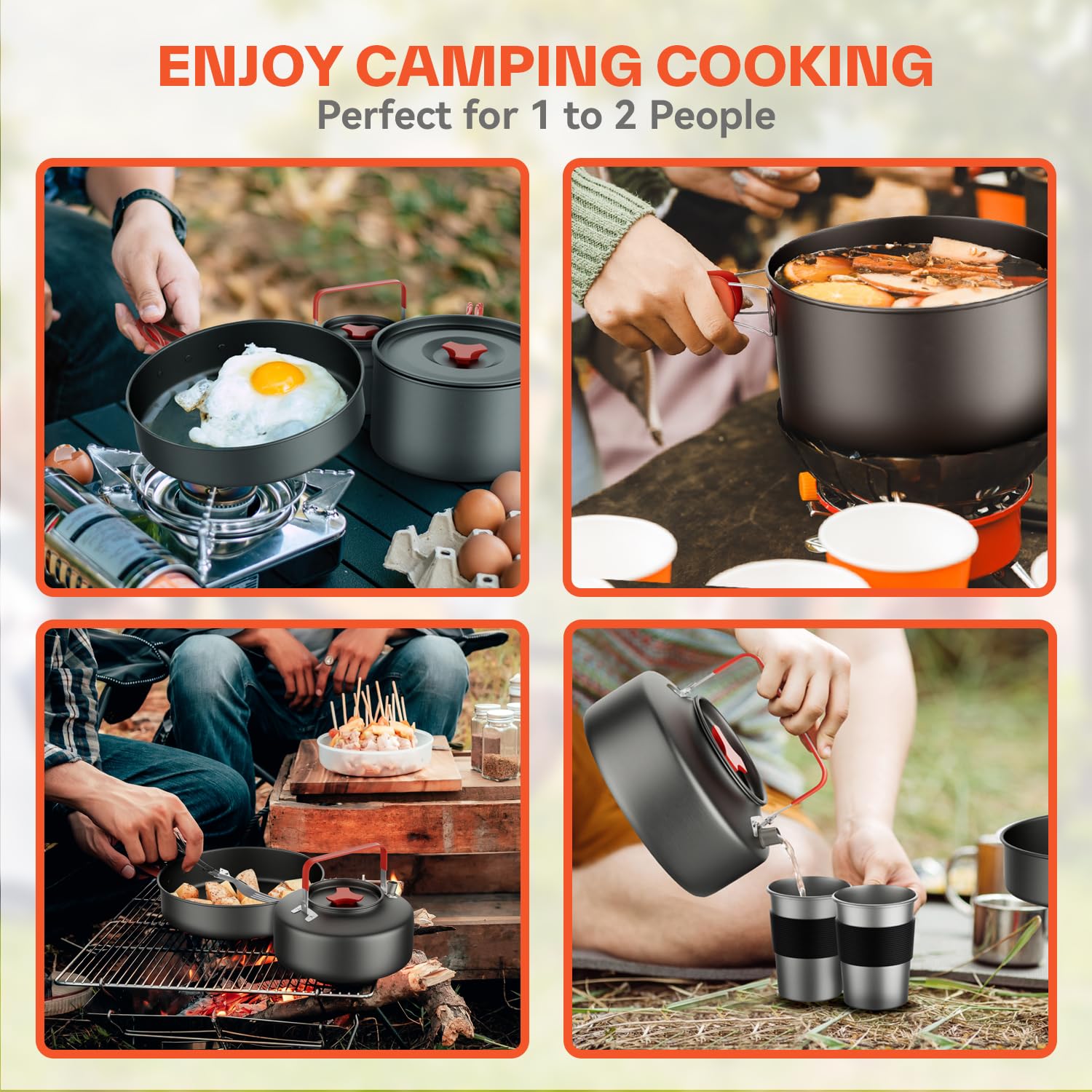 Camping Kochgeschirr Camping Geschirr Set 2 Personen Camping Topf Pfanne Set Und Wasserkocher Mit Tassen Teller Messer LöFfel Gabeln, Camping Besteckset Für Outdoor Picknick Wandern