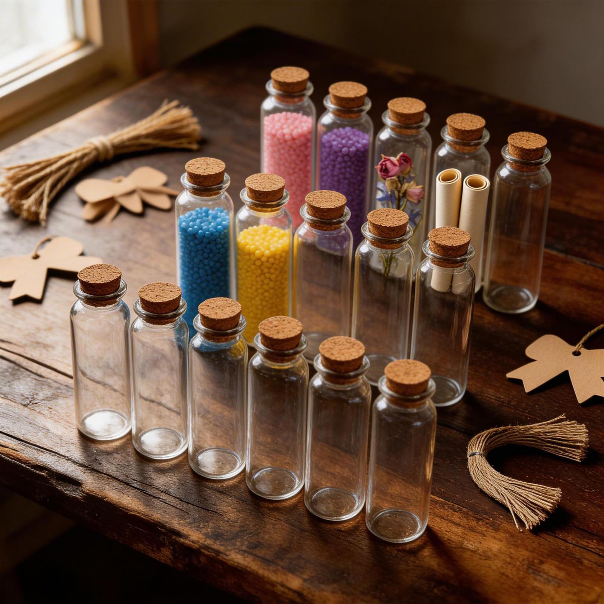 20 Pezzi Piccoli Barattoli con Tappi da 50ml, Mini Bottiglie di Vetro con Etichette e Fili di Carta Kraft per Il Messaggio in Una Bottiglia, Decorazioni per Il Matrimonio, Regali, Battesimo