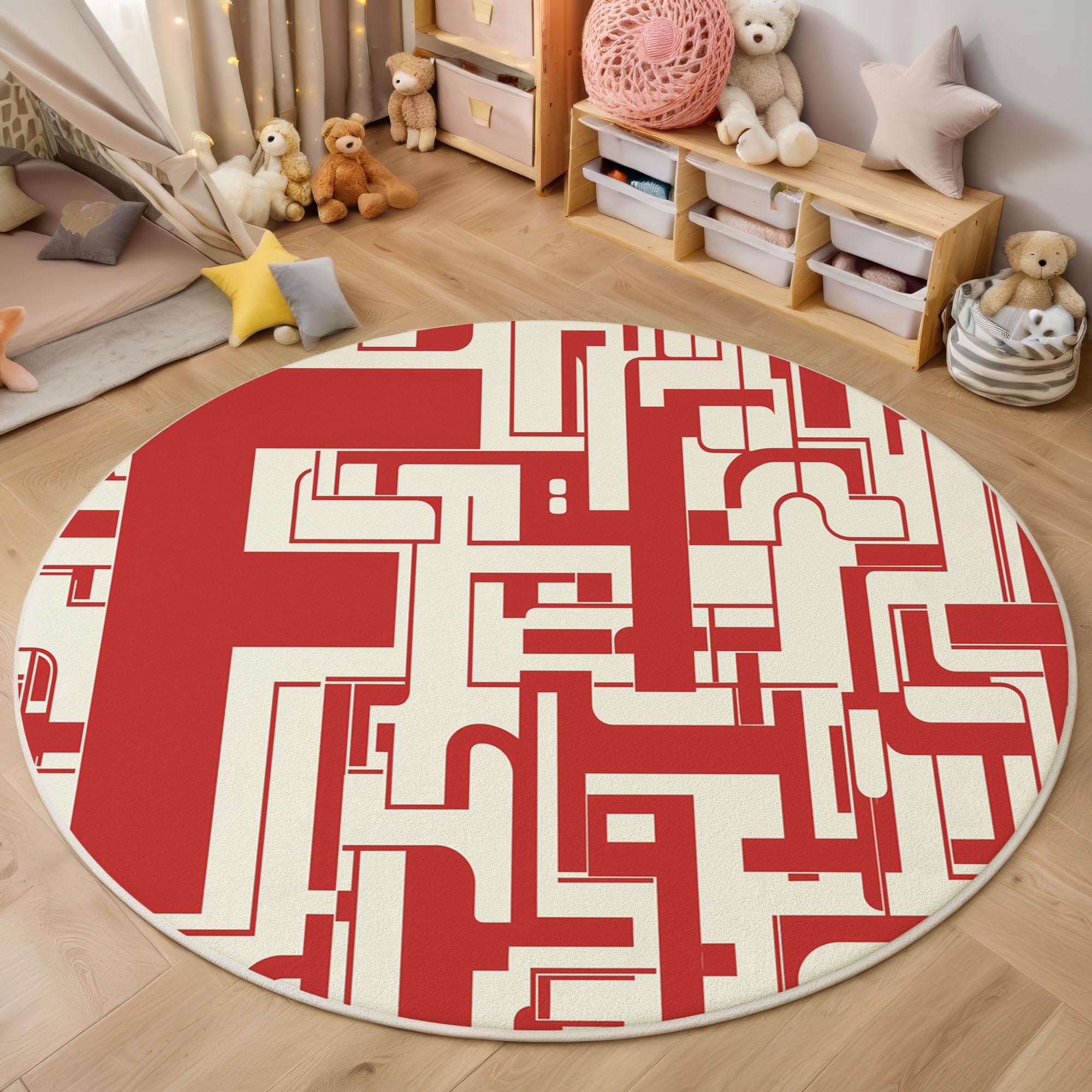 Tapis rond rouge et blanc idéal pour la chambre d'enfant moderne