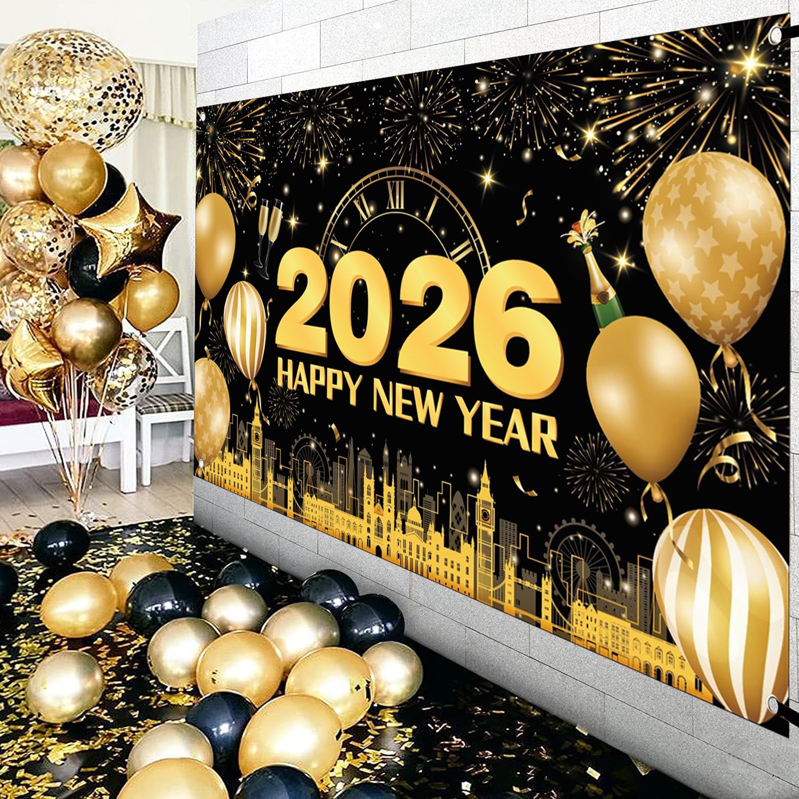 New Years Eve Decorations 2026, Happy New Year Banner 2026, Extra Large Black Gold Fireworks Balloon Background - Image 4