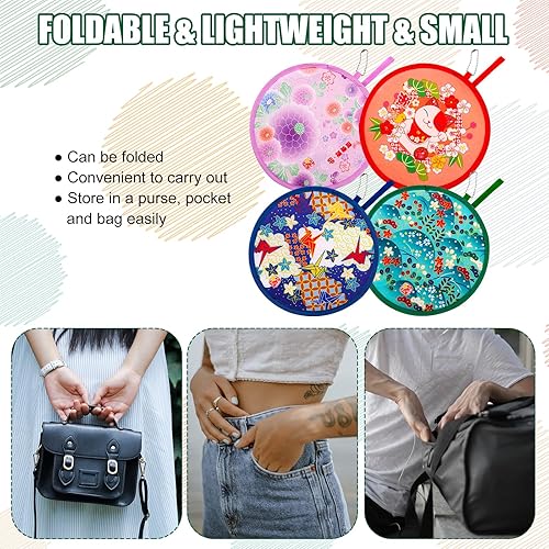 Miniatura 7 de Luter 4 ventiladores de mano plegables redondos, ventilador de mano plegable floral portátil, ventilador plegable elegante para mujeres y niñas, uso