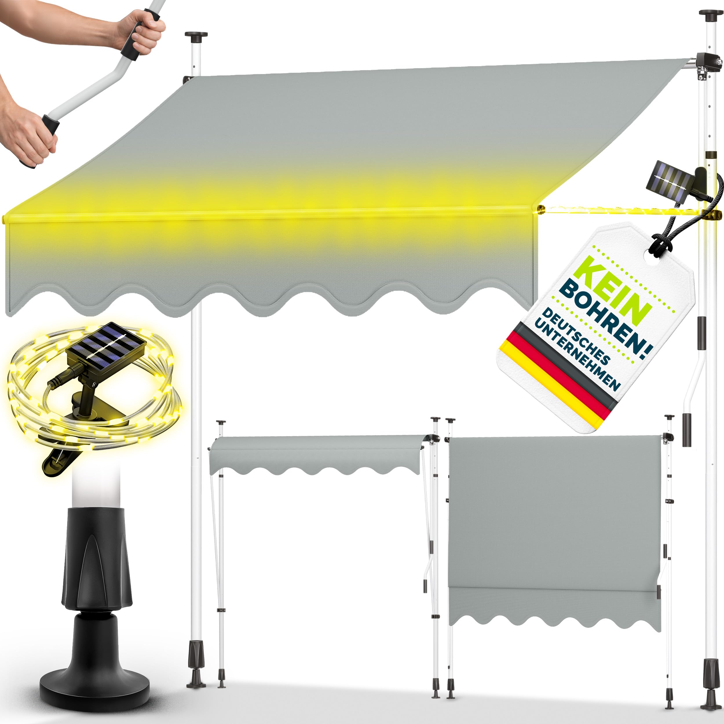 tillvex Klemmmarkise mit Handkurbel & LED Lichterkette Balkon | Balkonmarkise ohne Bohren | Markise UV-beständig & höhenverstellbar | Sonnenschutz Terrasse & Garten wasserdicht (Hellgrau, 150cm)