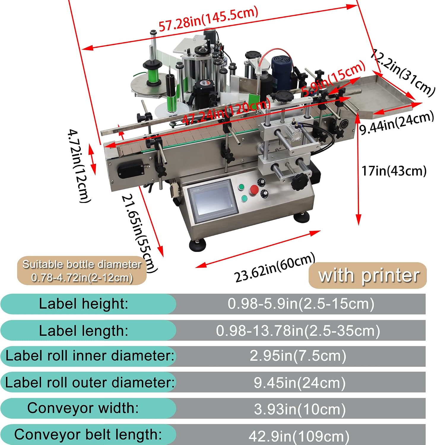 Automatic Round Bottle Labeling and Printing Machine High Speed Desktop Conveyor Labeller with Receiving Tray for Round Bottle of Cosmetics, Food, Beverage 0.78-4.72in Bottle Diameter