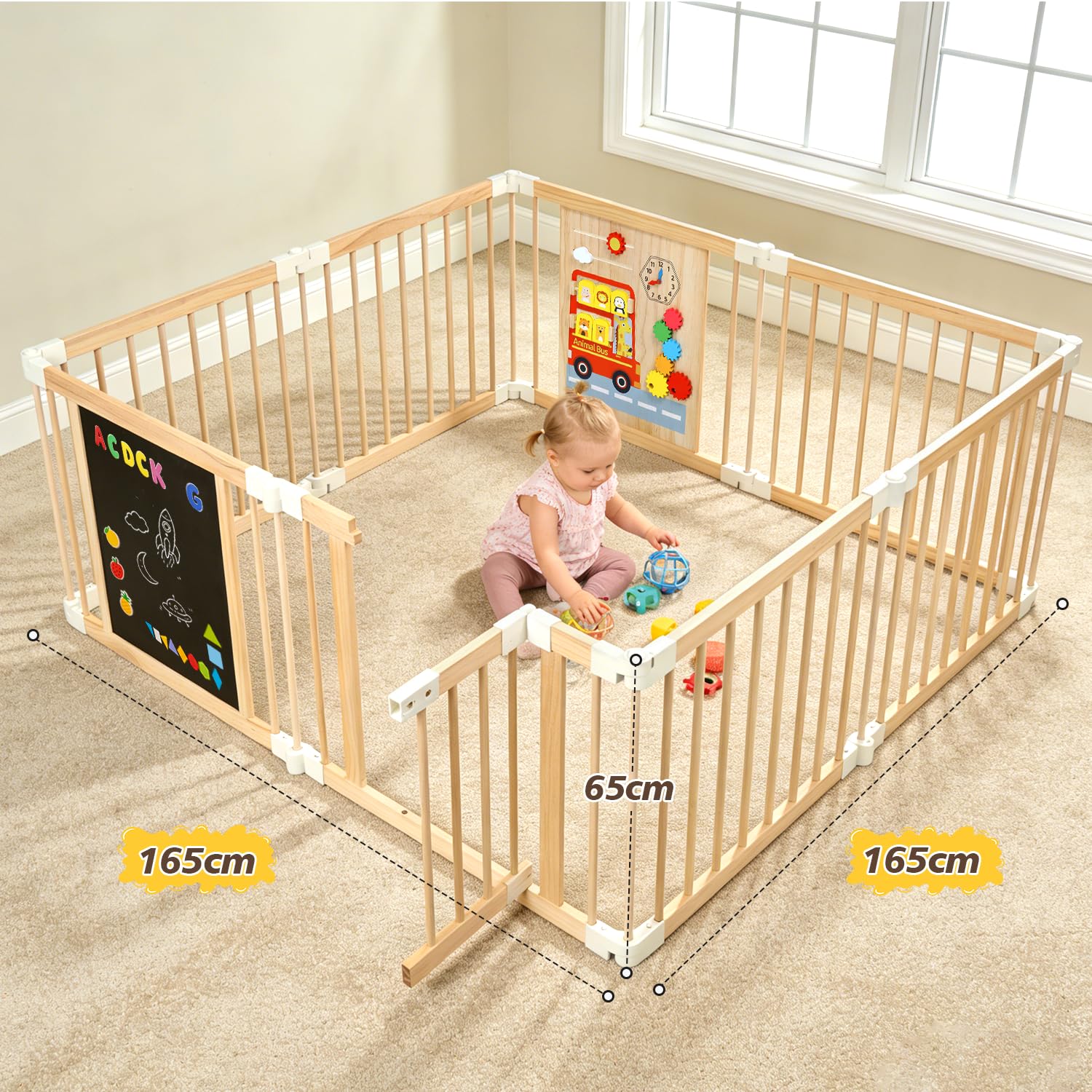 Box Bambini in Legno, Grande Recinto per Bambini Pieghevole con Porta, Regolabile Dimensioni&Forma, Portatile, Lavagna, Montessori Tavola dei Giocattoli, Sicurezza Centro Attività Espandibile
