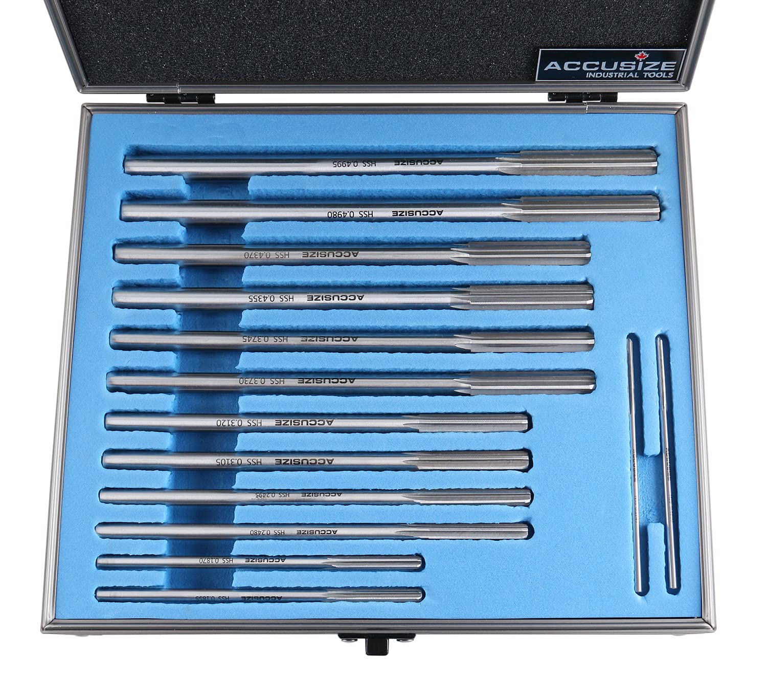 Accusize Industrial Tools Dübelstiftreibahle Größe: 0,3 cm bis 1,3 cm, HSS M2 Premium Spannreibahle, Rechtsschnitt, 14-teiliges Set, 5528-ST00