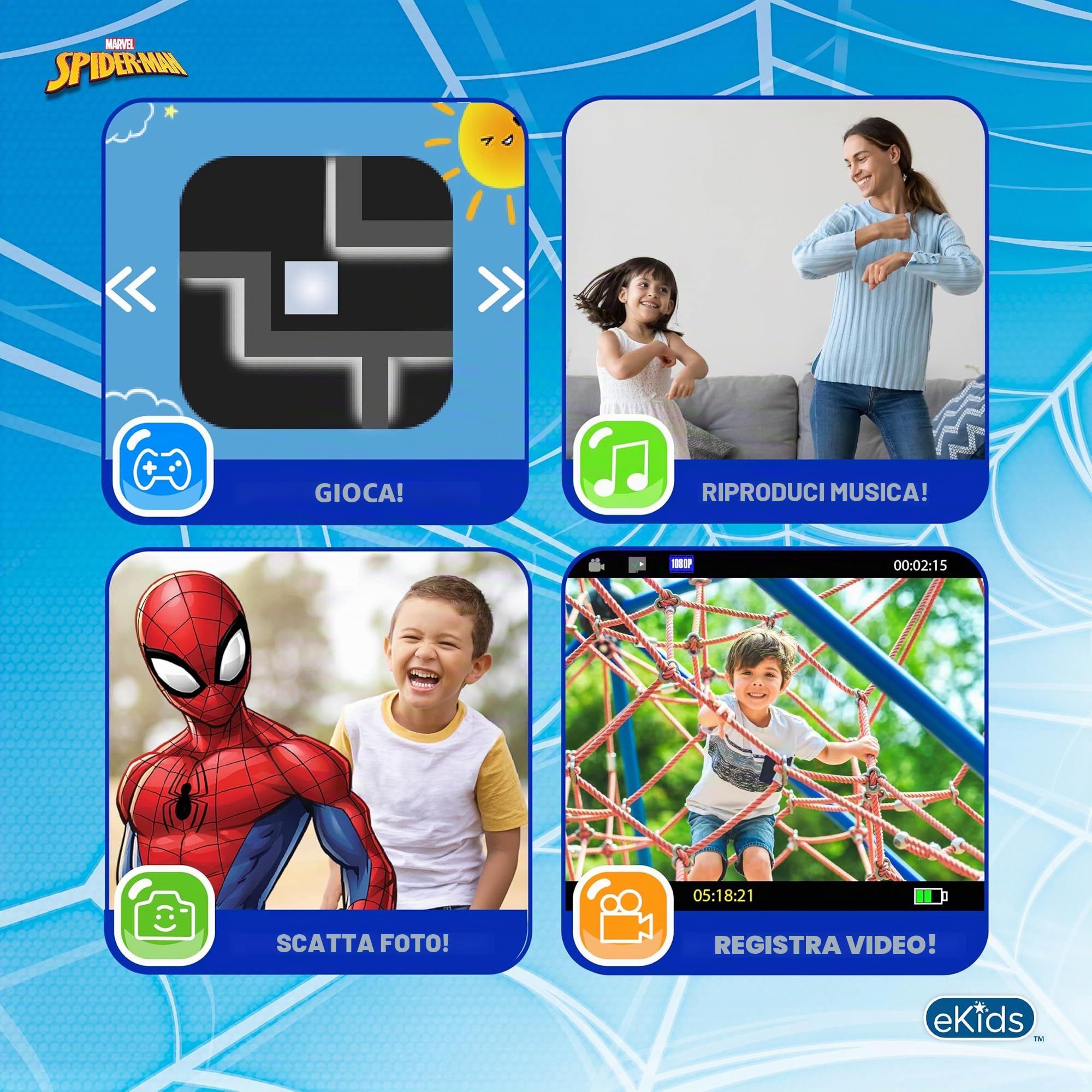 ekids Spiderman - Fotocamera digitale per bambini con scheda SD, videocamera, adesivi digitali integrati, regali per bambini