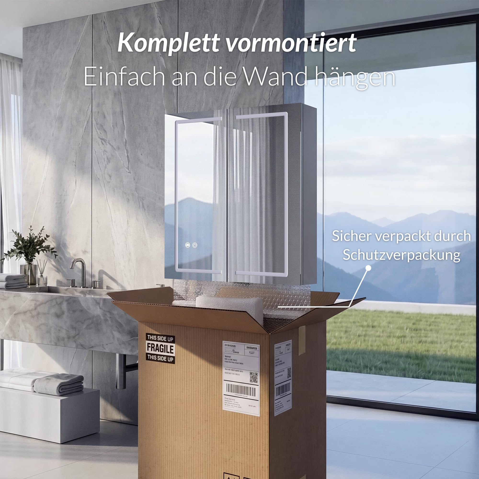 Spiegelschrank Bad mit Beleuchtung Vormontiert 60x70x14cm Steingrau