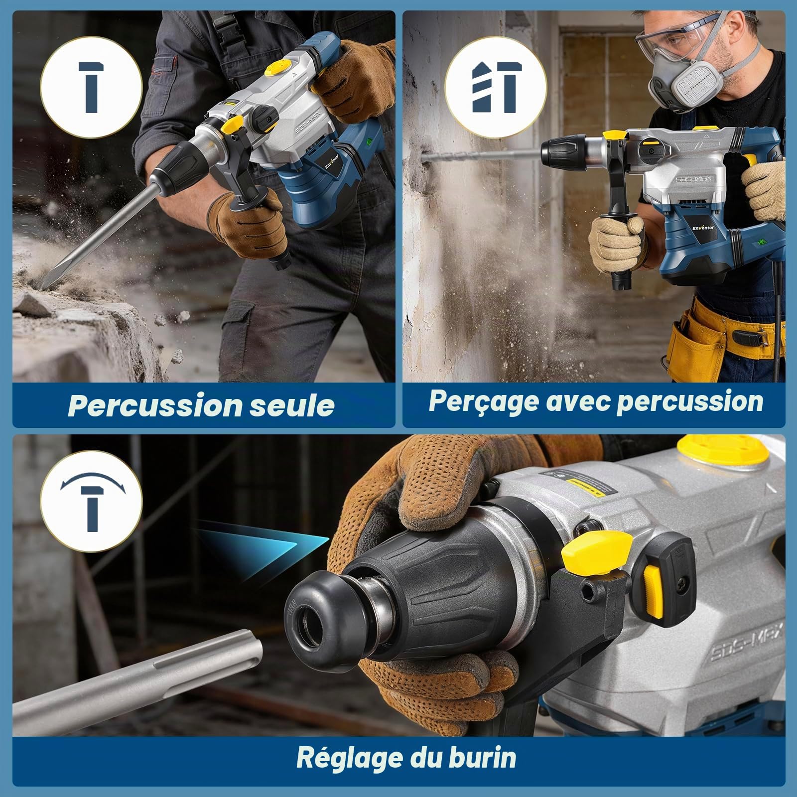 Enventor Marteau Perforateur SDS-MAX, 1500W, 12J, 3 Fonctions