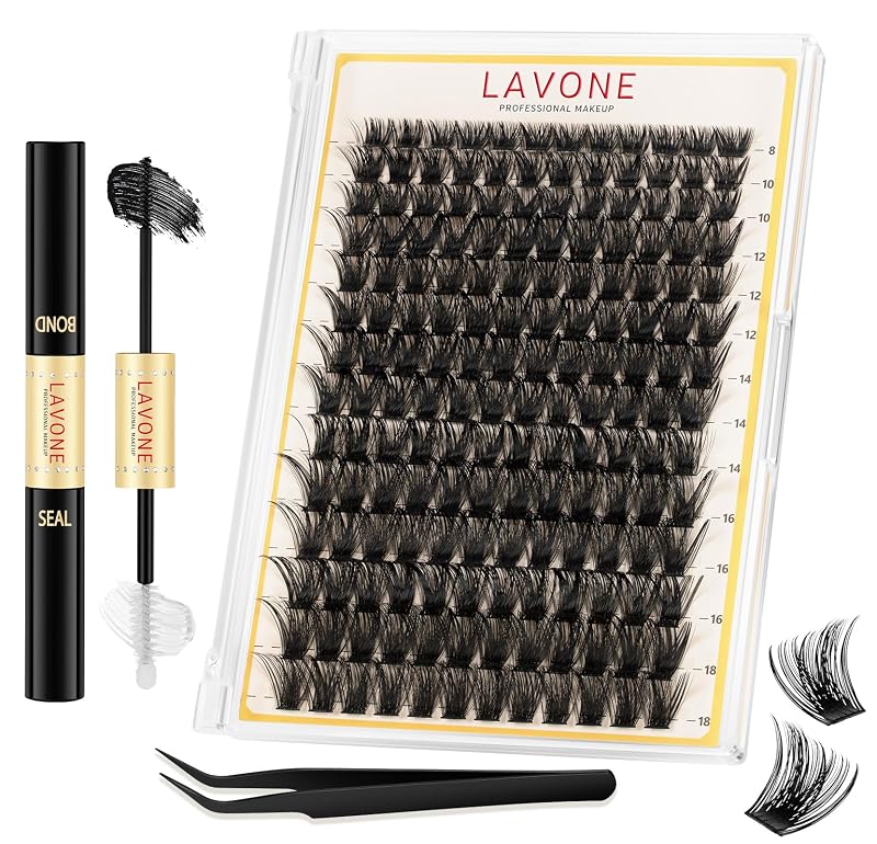 Kit LAVONE de cílios em tufos D Curl 8–18 mm, 168 unidades, com cola e pinça