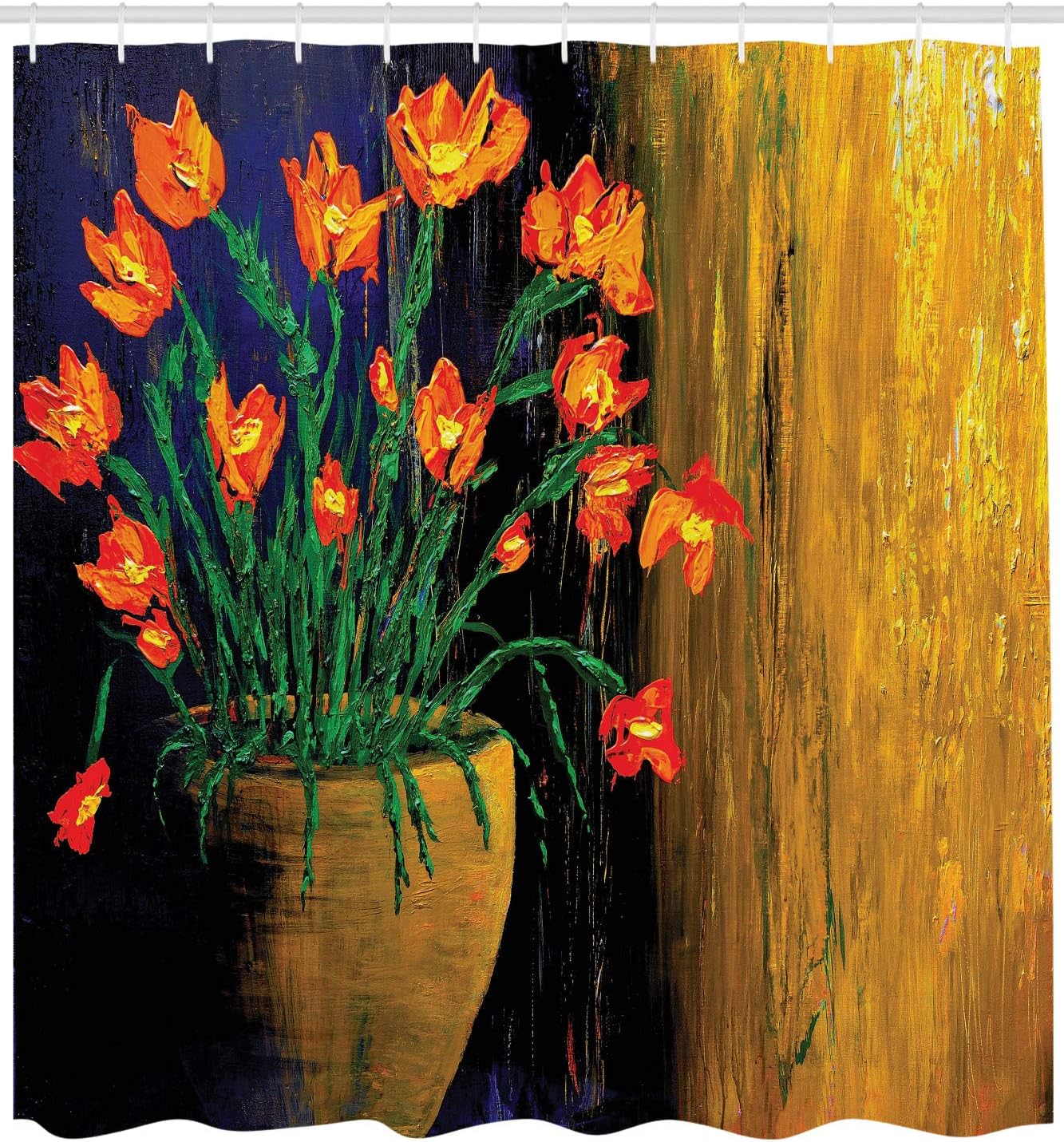 Ambesonne Flower Shower Curtain, Oil Painting Composition with Botanical Vase Design Weathered, Cloth Fabric Bathroom Decor Set with Hooks, 69" W x 84" L, Vermilion Blue
