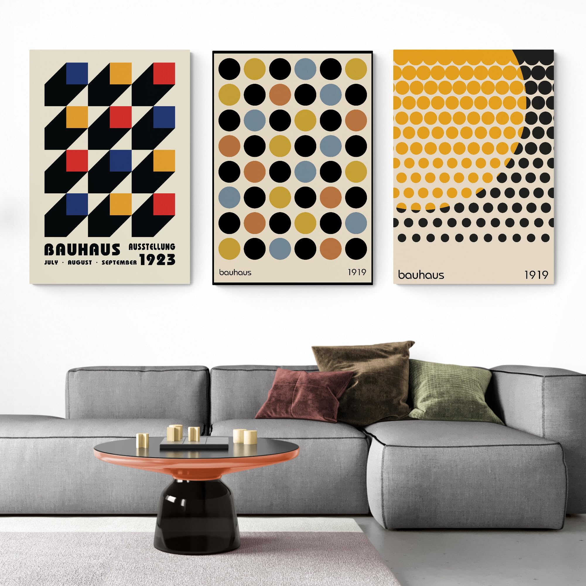Bauhaus Wandkunst Bauhaus Druck Ausstellungsplakat Set mit 3 Drucken eingewickeltes, gerahmtes Leinwandbild verschiedene Größen (A2 61 cm x 41 cm)