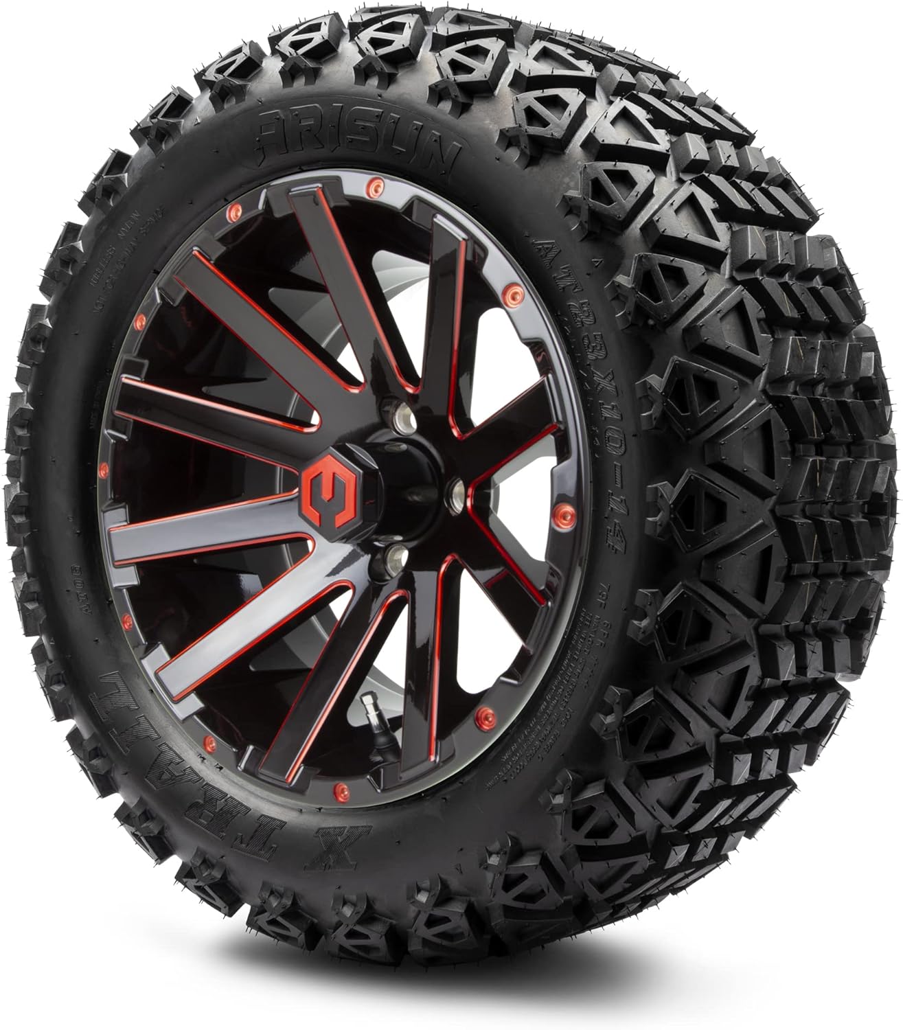 MODZ® Mauler Red and Black with Ball Mill 14" Golf Cart Wheels and Arisun X-Trail (23x10-14) DOT All-Terrain Golf Cart Tires Combo - Set of 4