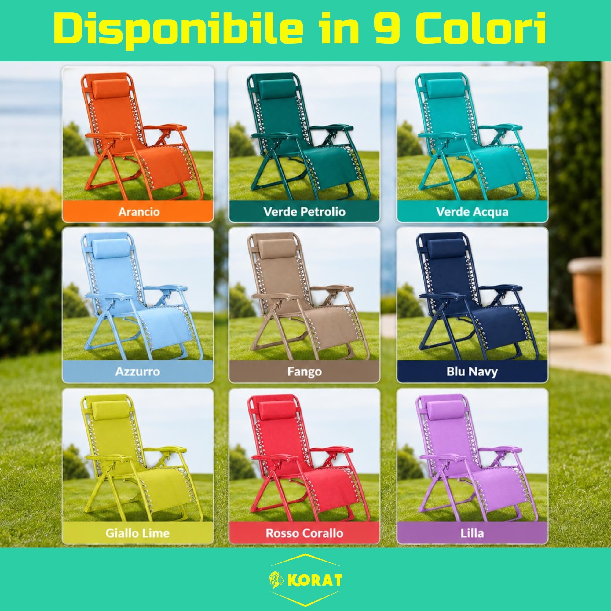 KORAT - Set 4 Sedie Sdraio Pieghevole Reclinabile Zero Gravity da Giardino e Spiaggia, con Poggiatesta e Braccioli, Struttura in Acciaio, Tessuto Oxford Impermeabile, 110x65x90 cm - Giallo Lime