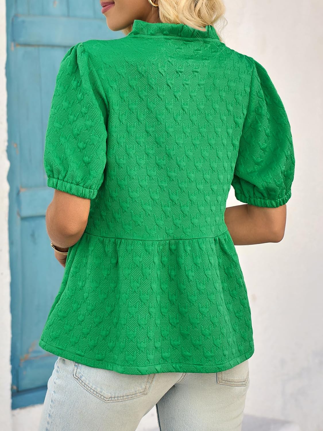 Cicy Bell Womens Peplum Puff Sleeve Tops Dressy Casual Summer Textured Blouses V Neck Ruffle Pleated Shirts - Image 7