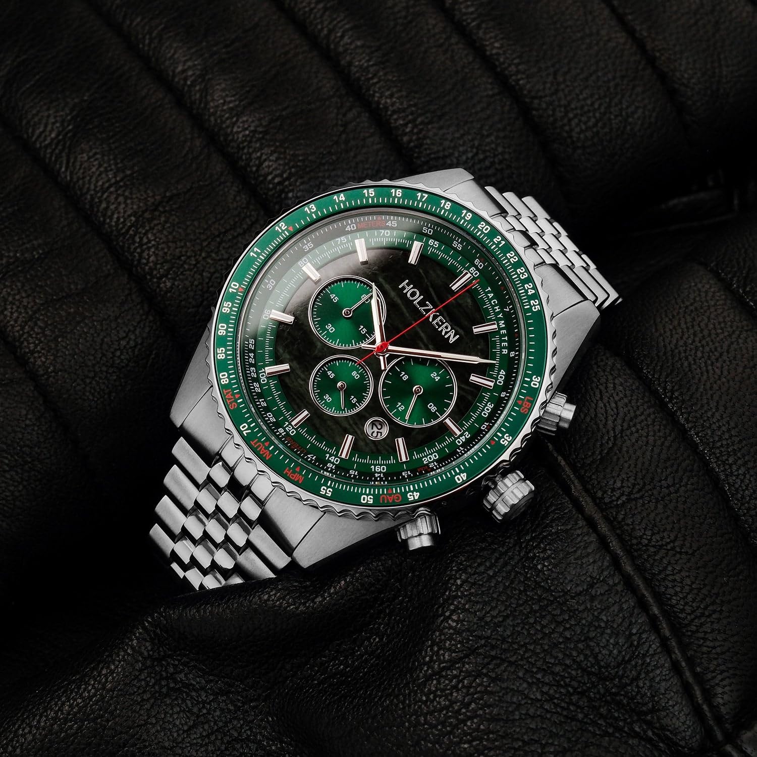 HOLZKERN Herrenuhr Chronograph Openhorizon Marmor Grün/Silberfarben