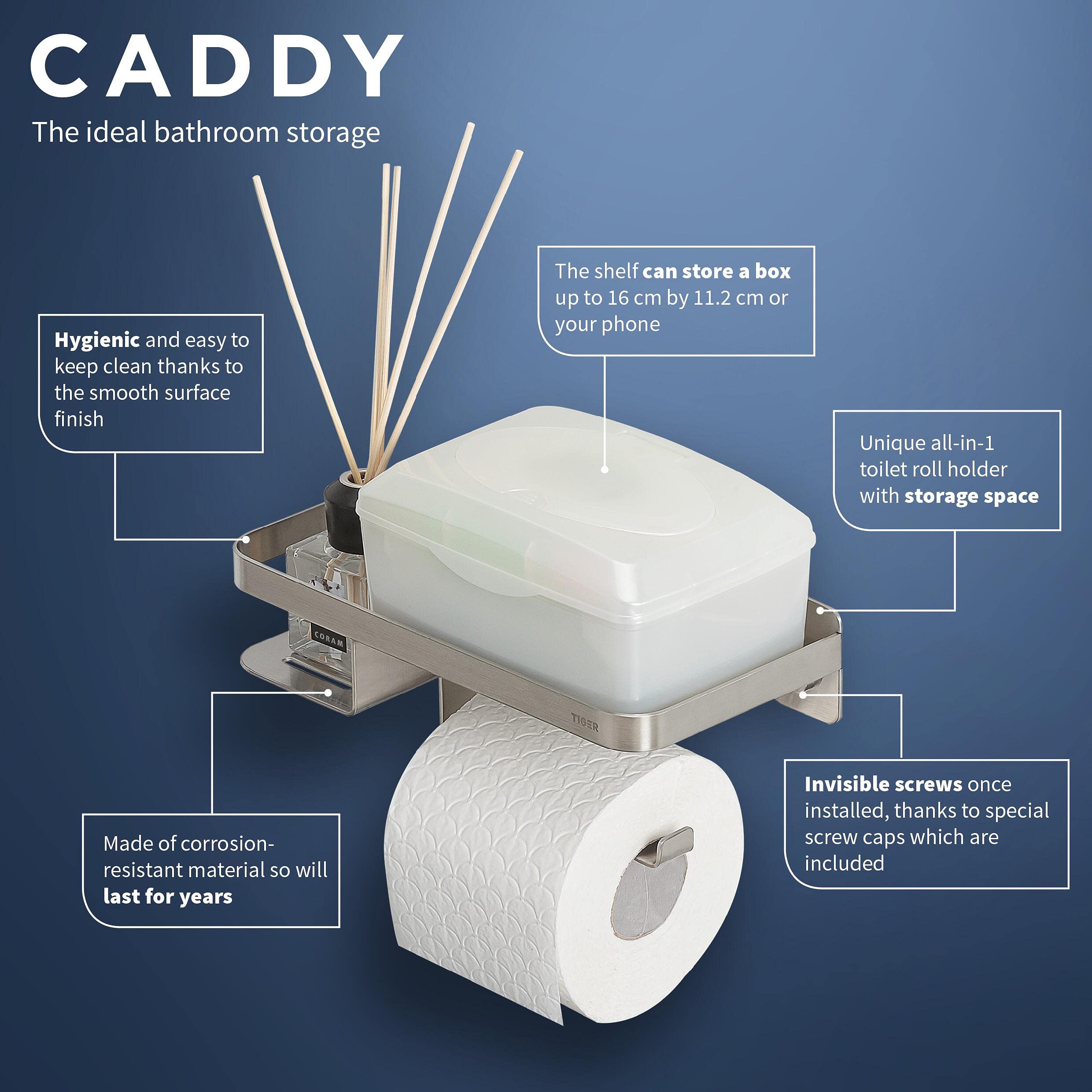 Tiger Caddy Toilettenpapierhalter mit Ablage, Toilettenrollenhalter mit Ablagefläche für Smartphone oder Einer Box für feuchtes Toilettenpapier, Klopapierhalter zur Wandmontage, Edelstahl gebürstet