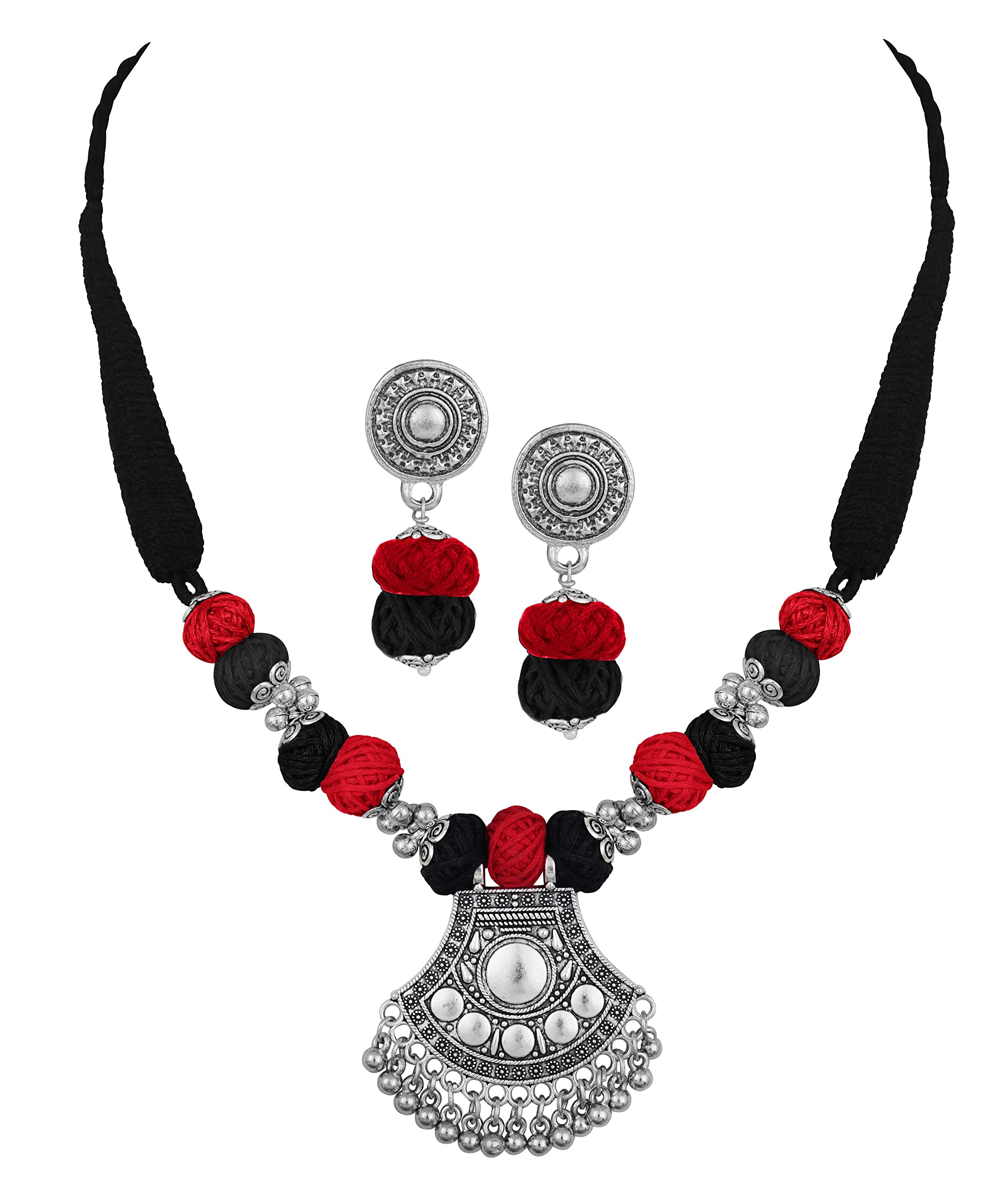 JFL - Jewellery for Less Silver Oxidized Fancy Designer Pendant Cotton Balls Handcrafted Necklace Set with Adjustable Thread Women & Girls (Black, Red) (B0BQRR3VQ8) Amazon Price History, Amazon Price Tracker