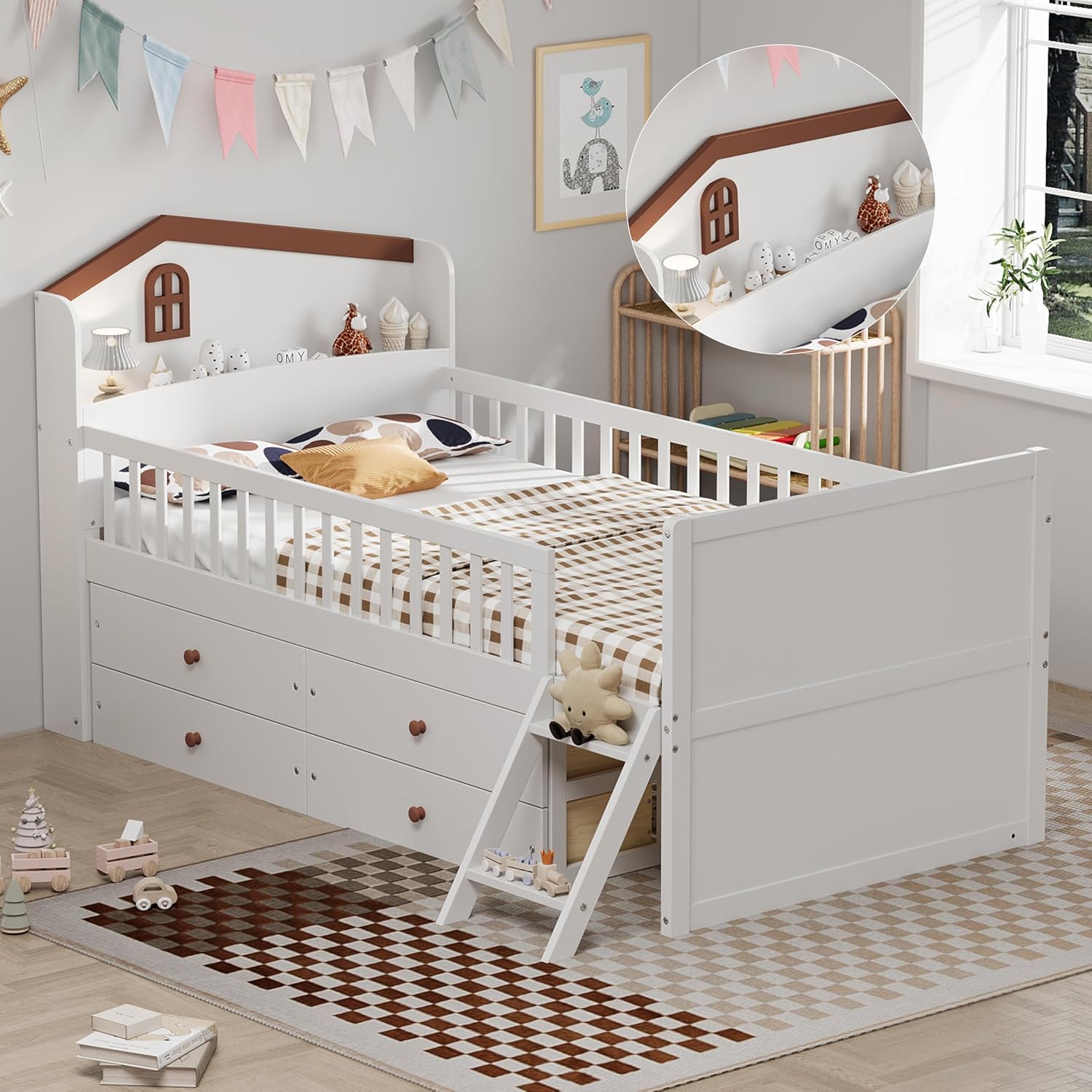 SOFTSEA Twin Size Captain Bed with Drawers, Famhouse House Bed with Rails& Ladders for Kids House Low Bed Frame, White