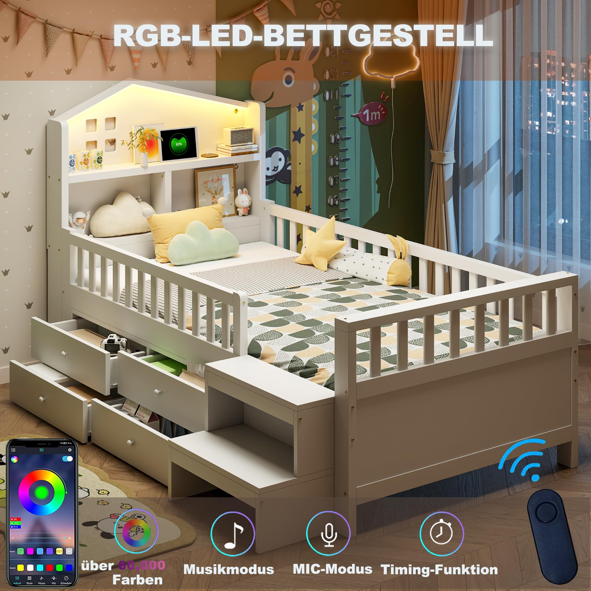 Soweiz Letto per bambini 90x200 cm, letto singolo con sponda di sicurezza, con quattro cassetti, con gradini, letto in legno massiccio con rete a doghe (bianco)