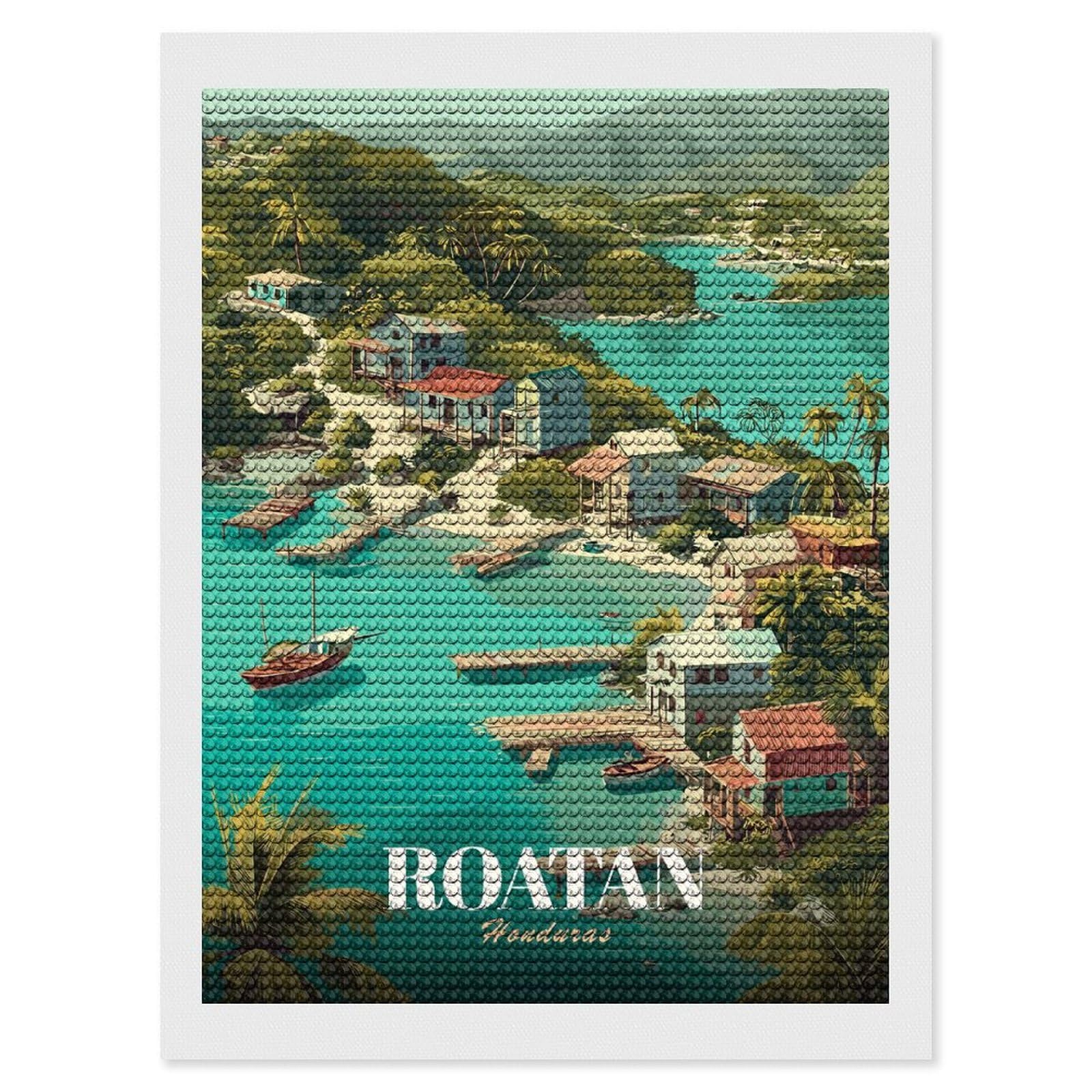 Junmoney Roatan Honduras Tropical Island Illustration Diamond Painting Canvas Set 12"x16", Satisfying Creative Project, Easy to Follow Symbols, Fun Craft Experience