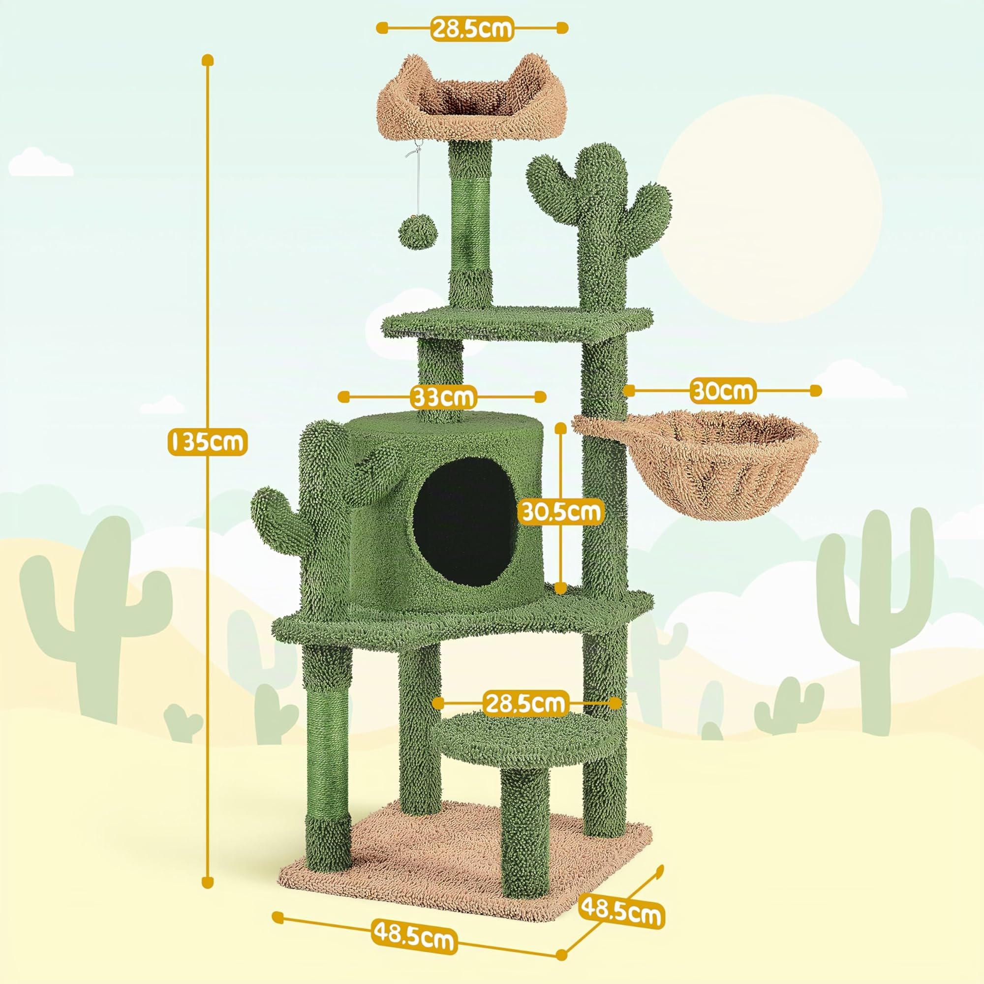 Yaheetech Árbol Rascador para Gato con Plataforma Torre Escalador de Sisal para 2-3 Gatos Medianos Sala de Juegos para Mascotas de Actividades 135 cm Verde y Marrón