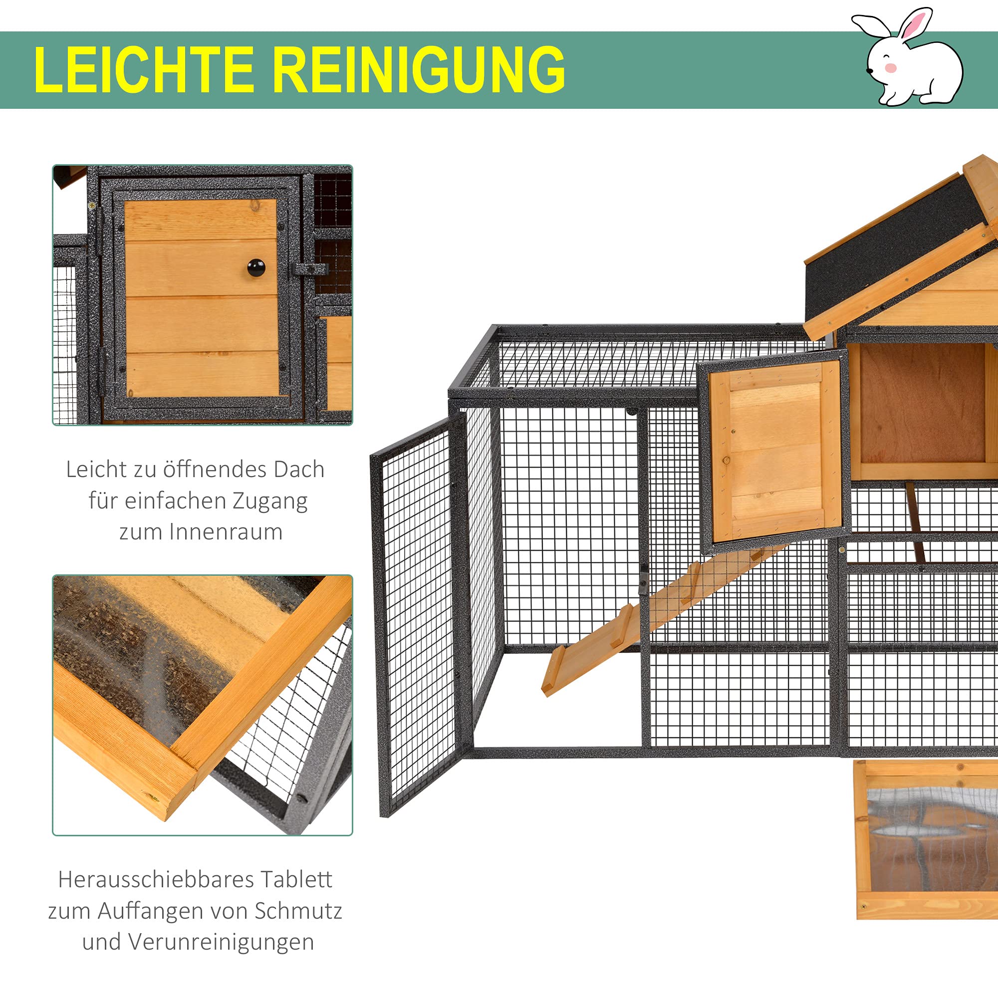 PawHut Kaninchenstall erhöhtes Haustier Haus Kleintierstall mit Freilaufgehege, Abschließbare Tür Outdoor Holz-Metall Hellgelb 122 x 63 x 92 cm