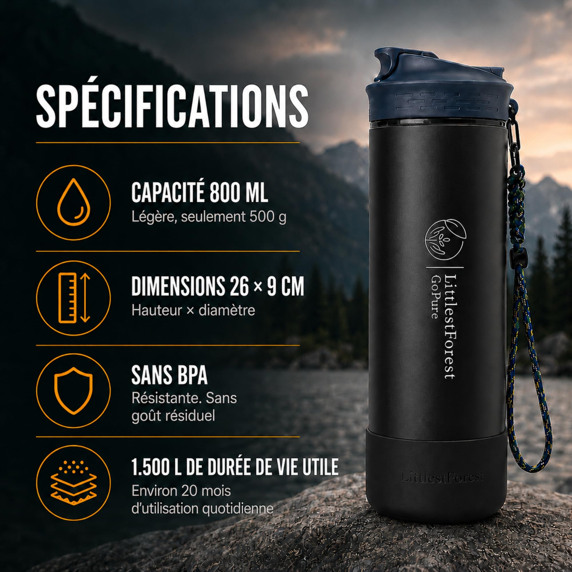 GoPure Gourde Filtrante 800ml 1500L Randonnée Sans BPA