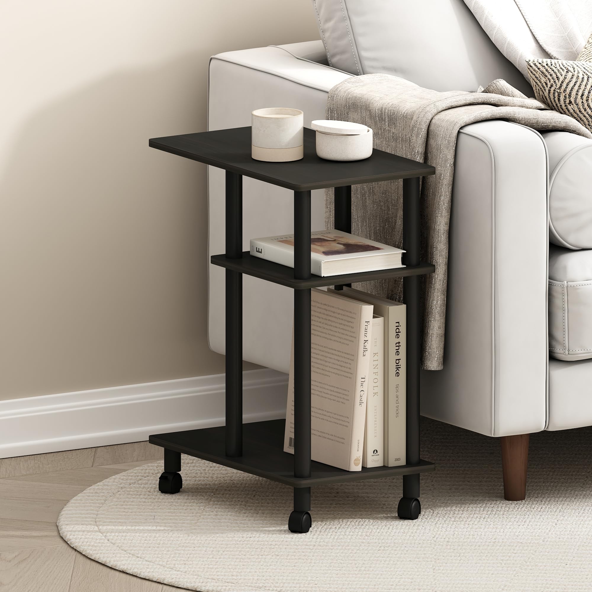 Furinno Turn-N-Tube Side Table 3-Tier C-Shape End Table with Wheels Toolless Assembly Night Stand Bedside Table with Open