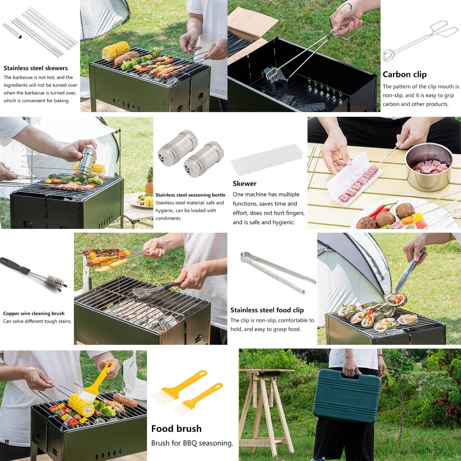 Zestaw narzędzi do grillowania ze składanym grillem i walizką do przechowywania, akcesoria do grilla, przenośny zestaw przyborów do grillowania - Campingowy zestaw przyborów kuchennych do gotowania i