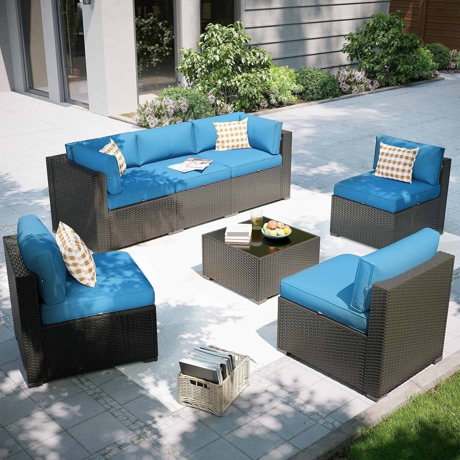 Wicker Rattan Outdoor Furniture Patio Conversation Set for Backyard, Garden Peacock Blue 7 Piece Outdoor Sectional Sofas with Waterproof Cover, Patio Furniture Set,
