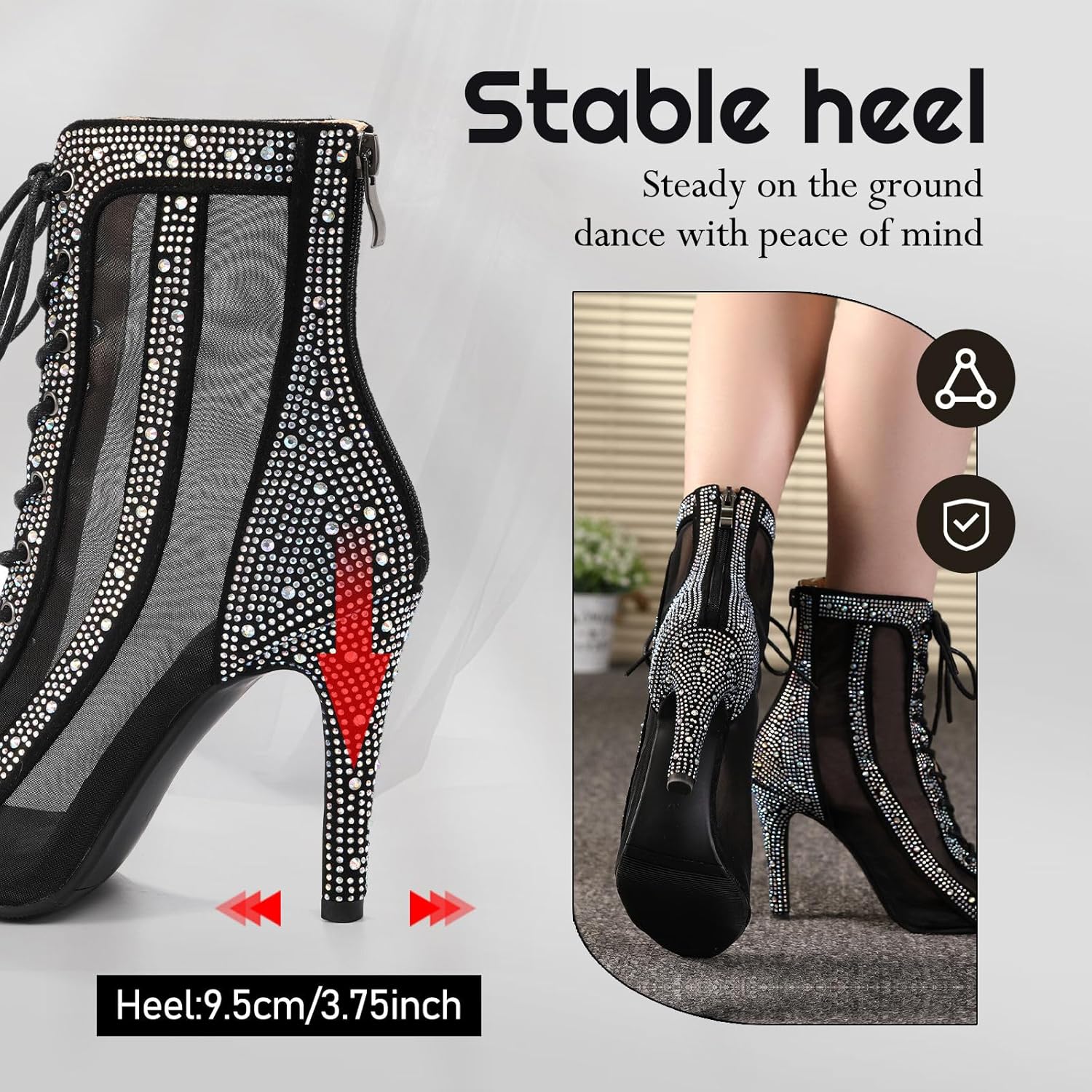 Womens Latin Dance Boots Peep Toe Mesh Lace Up Rhinestone Ballroom Dance Boots Practice Salsa Dance Heels DS118Z