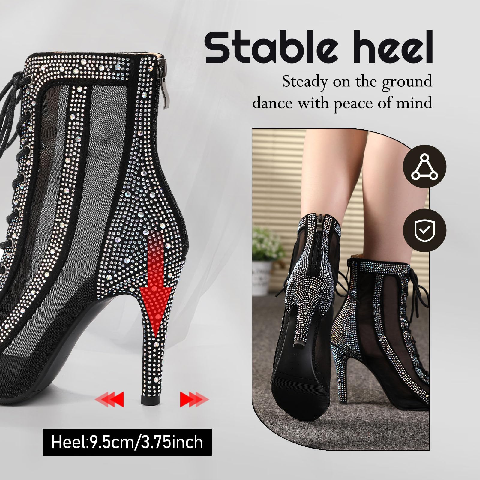 Stivali da Ballo Latino Donna Punta Aperta con Strass Salsa Tango | Scarpe da Ballo Latino Americano Scarpe per Ballo con i Tacchi Alti con Tacco 9.5