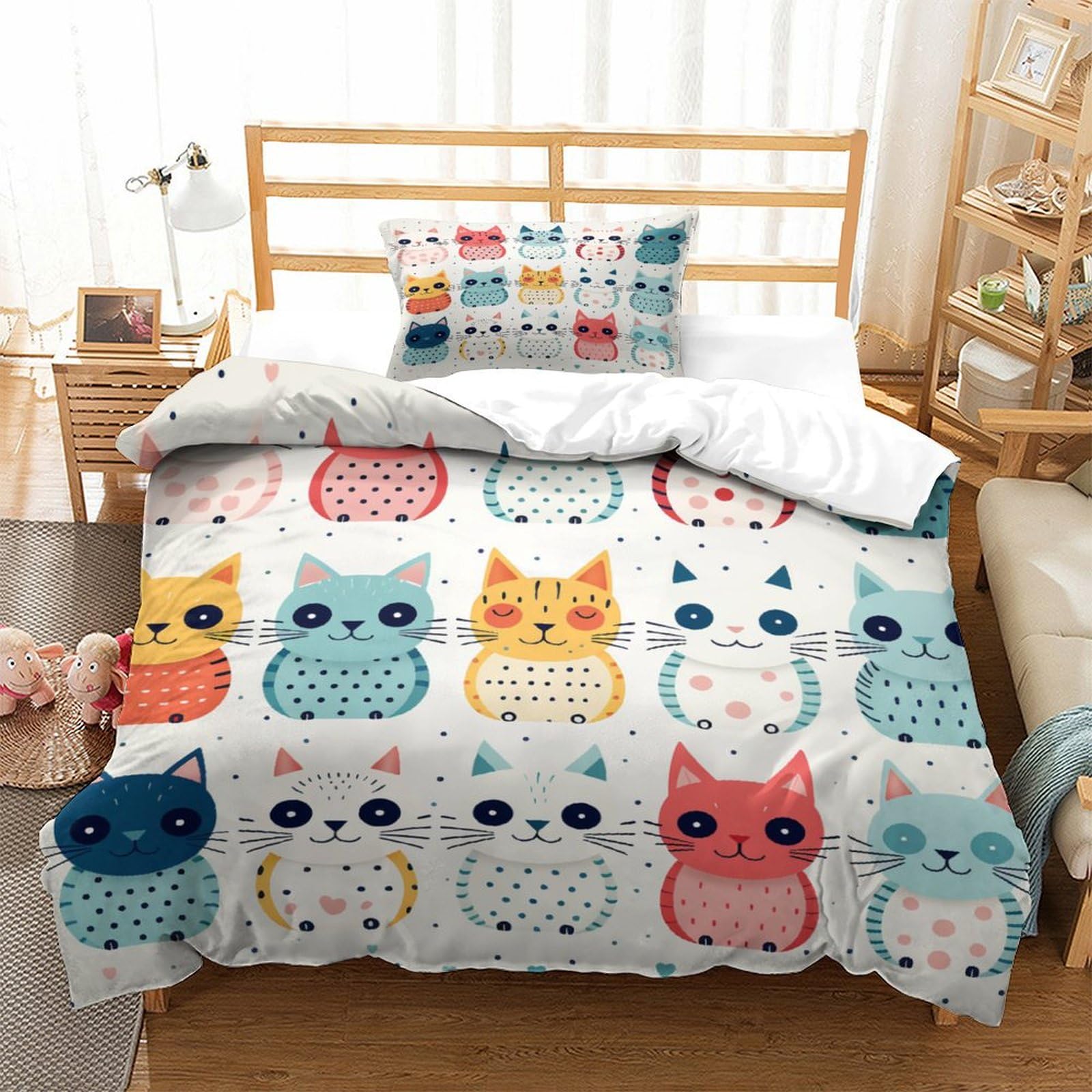 P1S9U7W5Y 3D Printed Colourful Cat Duvet Cover Set 3pcs Microfiber Cartoon Animal Bedding Set Single