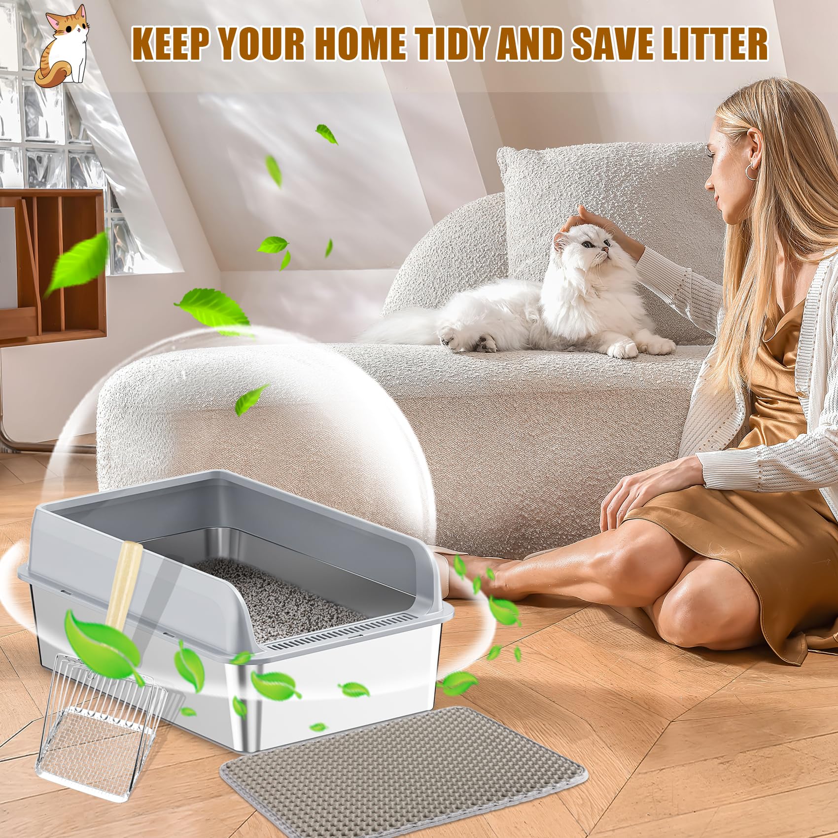 Bac à litière pour chat en acier inoxydable - Grand bac à litière étanche et semi-fermé - Nettoyage facile - Avec pelle à litière et tapis - 50 x 35 x 20 cm