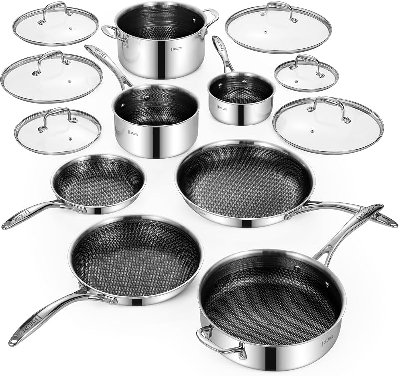 13 Piece Hybrid Ceramic Nonstick Stainless Steel Cookware Set | 5 PC Fry Pan Set, 6 PC Pot Set, 3.7QT Deep Sauté Pan&Lid, Induction Ready, Stay Cool, PFOA Free FOR All Cooktops