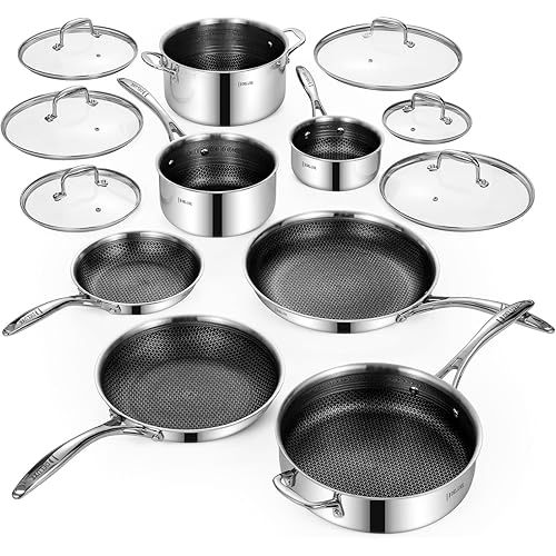 Deluxe 13 Piece Hybrid Ceramic Nonstick Stainless Steel Cookware Set-5 Piece Frying Pan Set, 6 PC Pot Set, 3.7QT Deep Sauté Pan&Lid, Induction Ready, Stay Cool, PFOA Free Compatible with All Cooktops