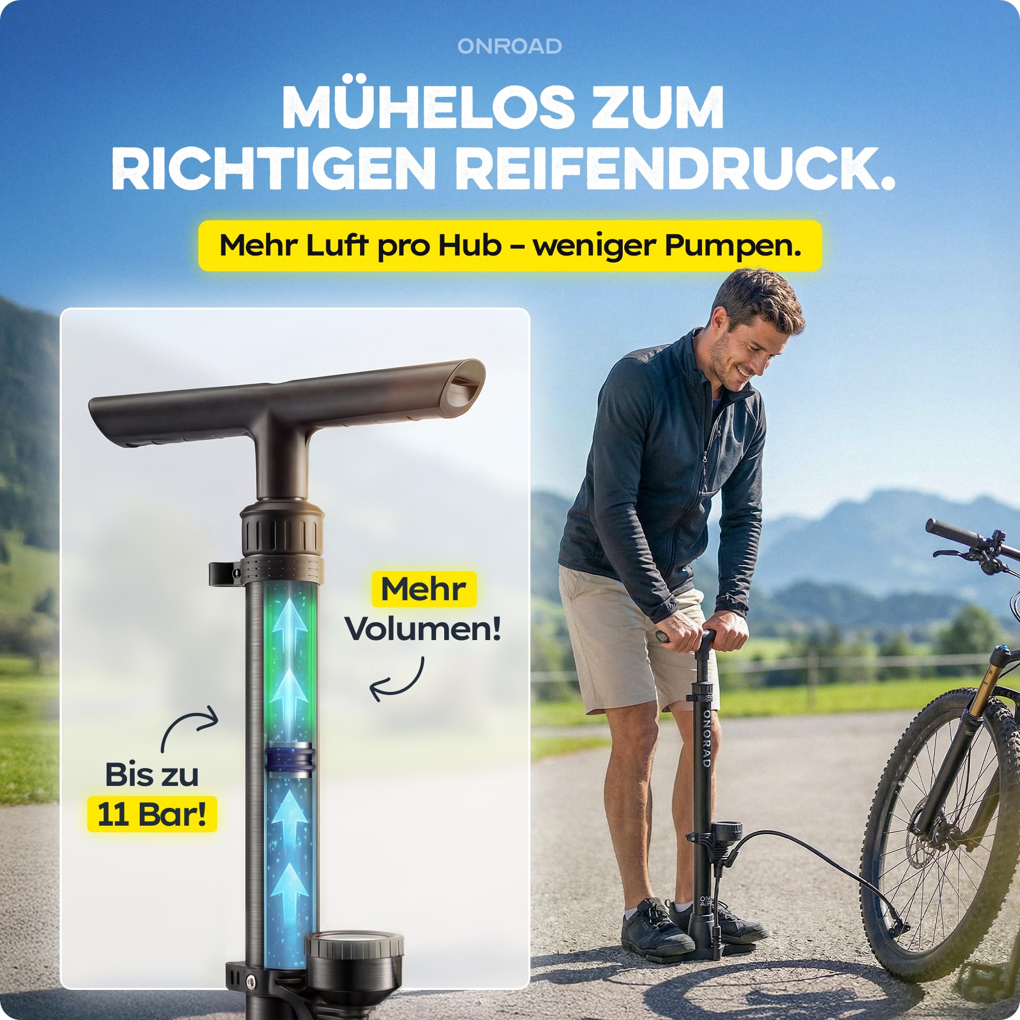 Fahrradpumpe alle Ventile (Presta/SV, AV, DV) – Luftpumpe Fahrrad ON‑AIR mit großem Manometer, Adaptern & Ballnadel, Leistungsstarke & hochwertige Standpumpe – Pumpe für Unterwegs & Zuhause