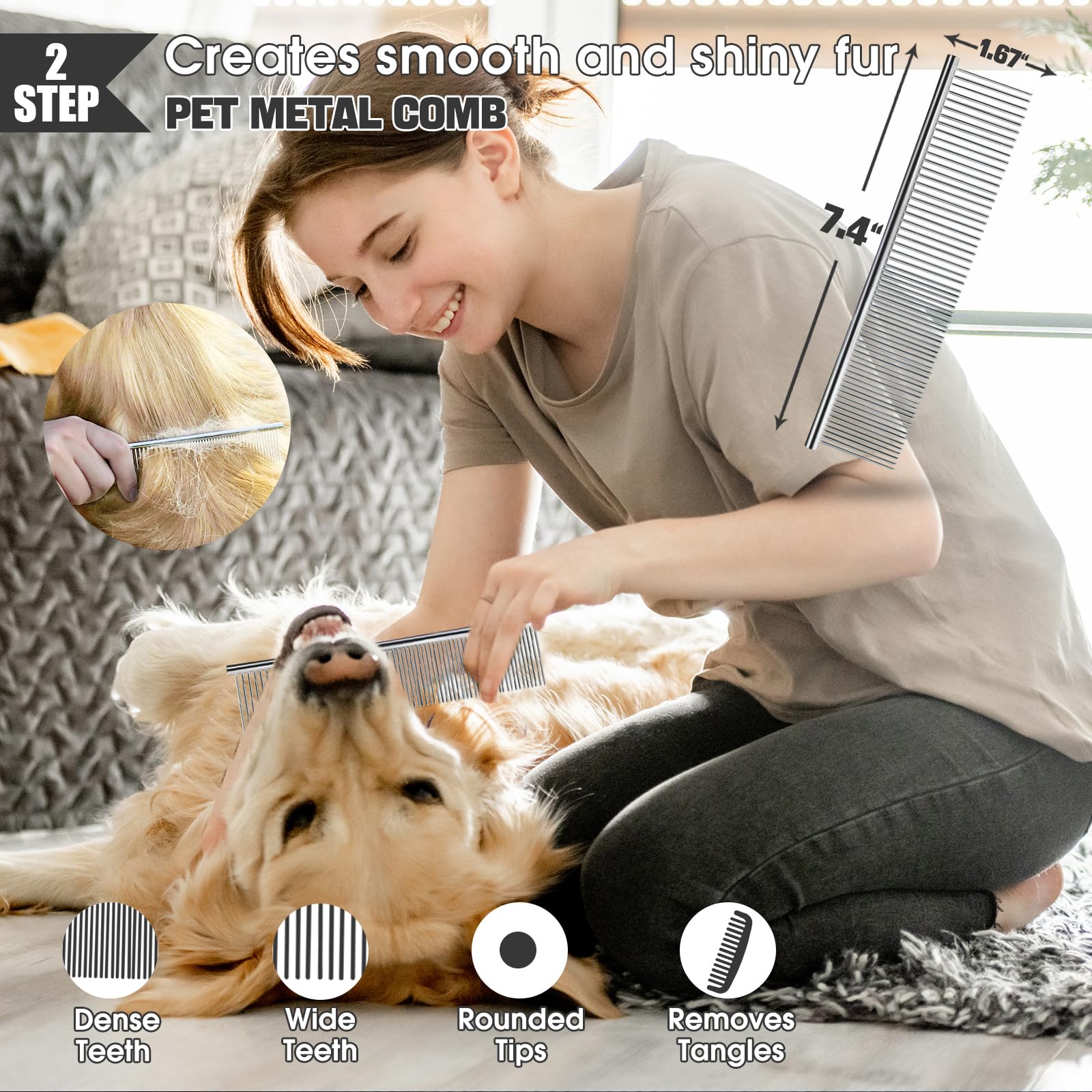 Bonteck Kit de aseo para perros, 4 piezas, cepillo para perros, cepillo largo para desenredar, cepillo de baño para perros, peine para pulgas, peine para perros, cepillo para pulgas, cepillo para