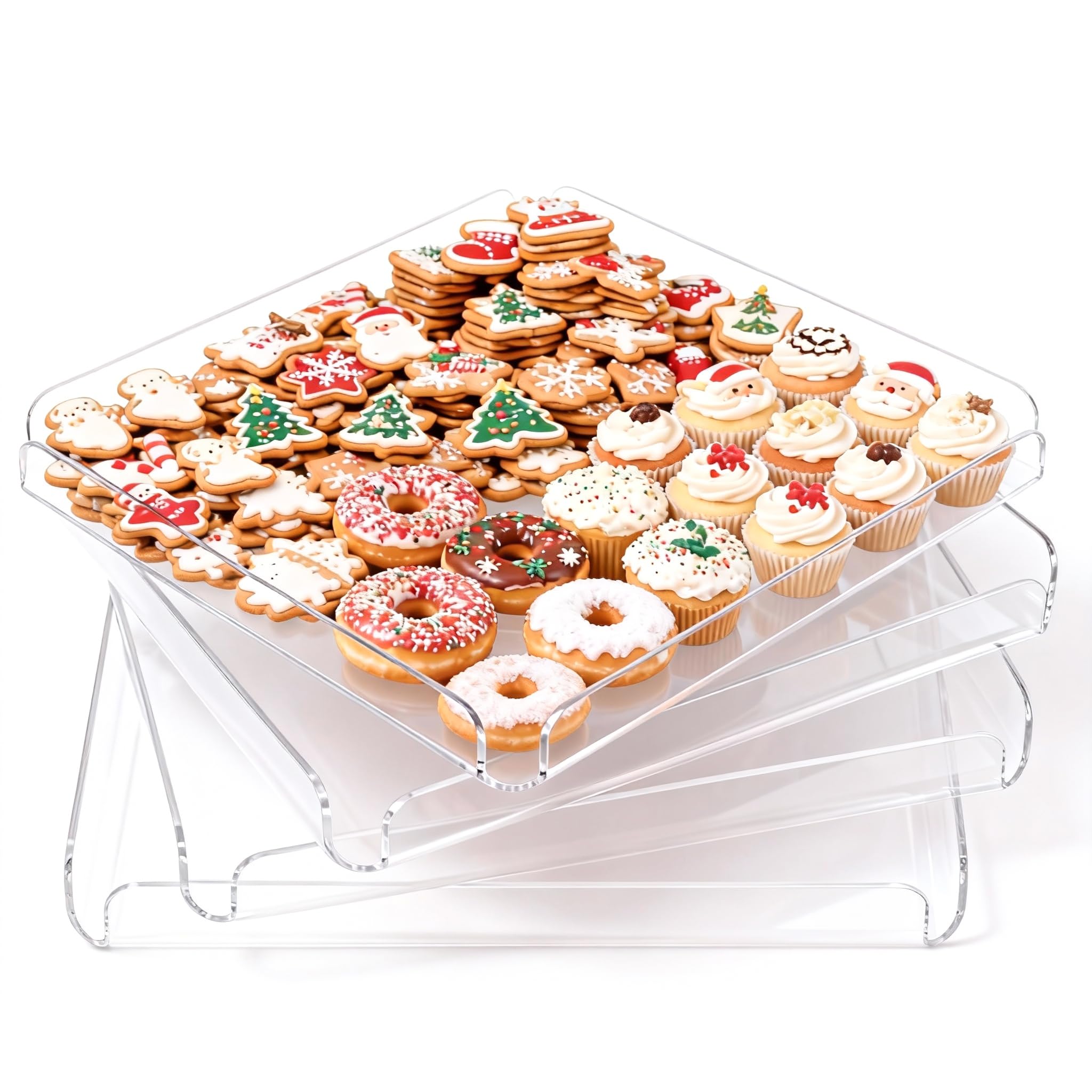 Photo 1 of 4 Pcs Premium Acrylic Serving Trays for Party, 12 x 12 Heavy Duty Clear Serving Platters and Trays for Food Cupcake Dessert Cookie Bakery Snack Charolas para Postres for Buffet Table, Square Stackable