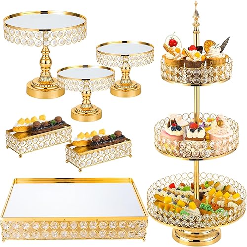 Tioncy Juego de 7 soportes para tartas con espejo de cuentas de cristal, soportes de mesa de postres de metal para mesa de postres y cupcakes para