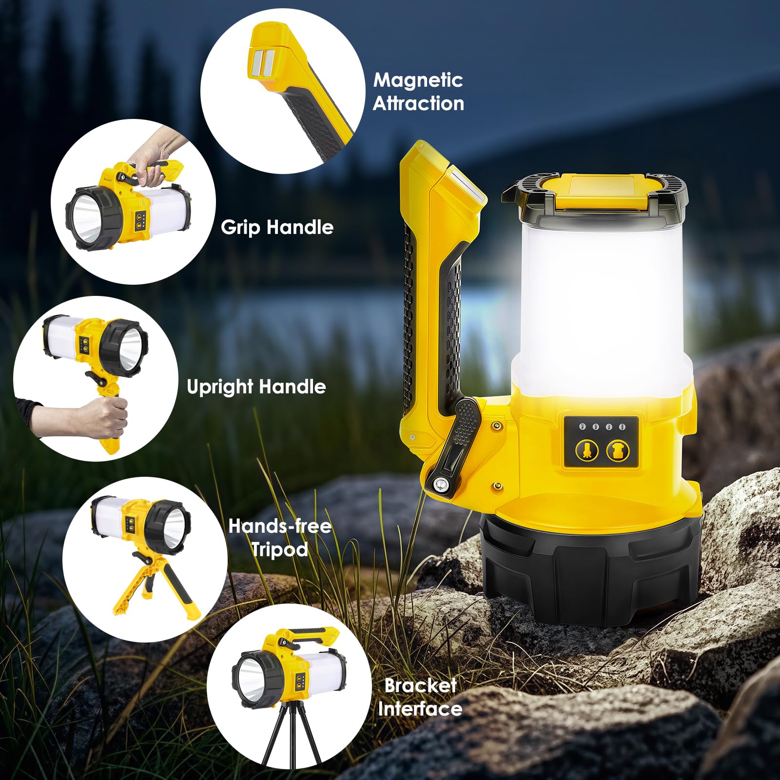 BOBKID - Linterna de camping recargable, 6 modos, linterna LED de mano con 2000 lúmenes, banco de energía de 4400 mAh, reflector impermeable IPX4, luz de trabajo para kits de supervivencia de