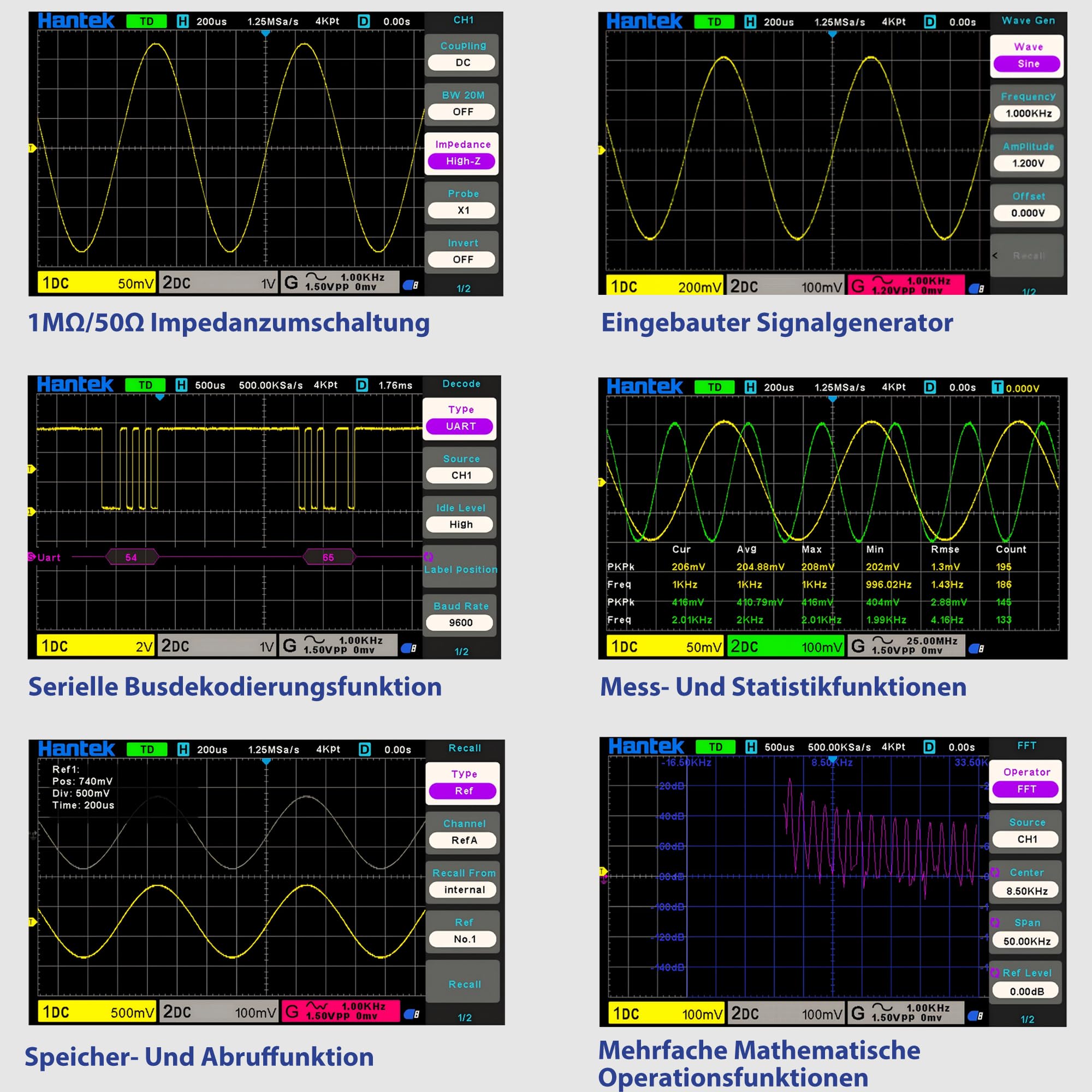 Hantek Oszilloskop, 2 Kanal 350 MHz Oszilloskop mit 2 GS/s Abtastrate, 1 CH Waveformgenerator, Ideal für Ingenieure, Hobbyanwender, Diagnose, Tests und Reparaturen (Hantek DSO2D35/350MHz)